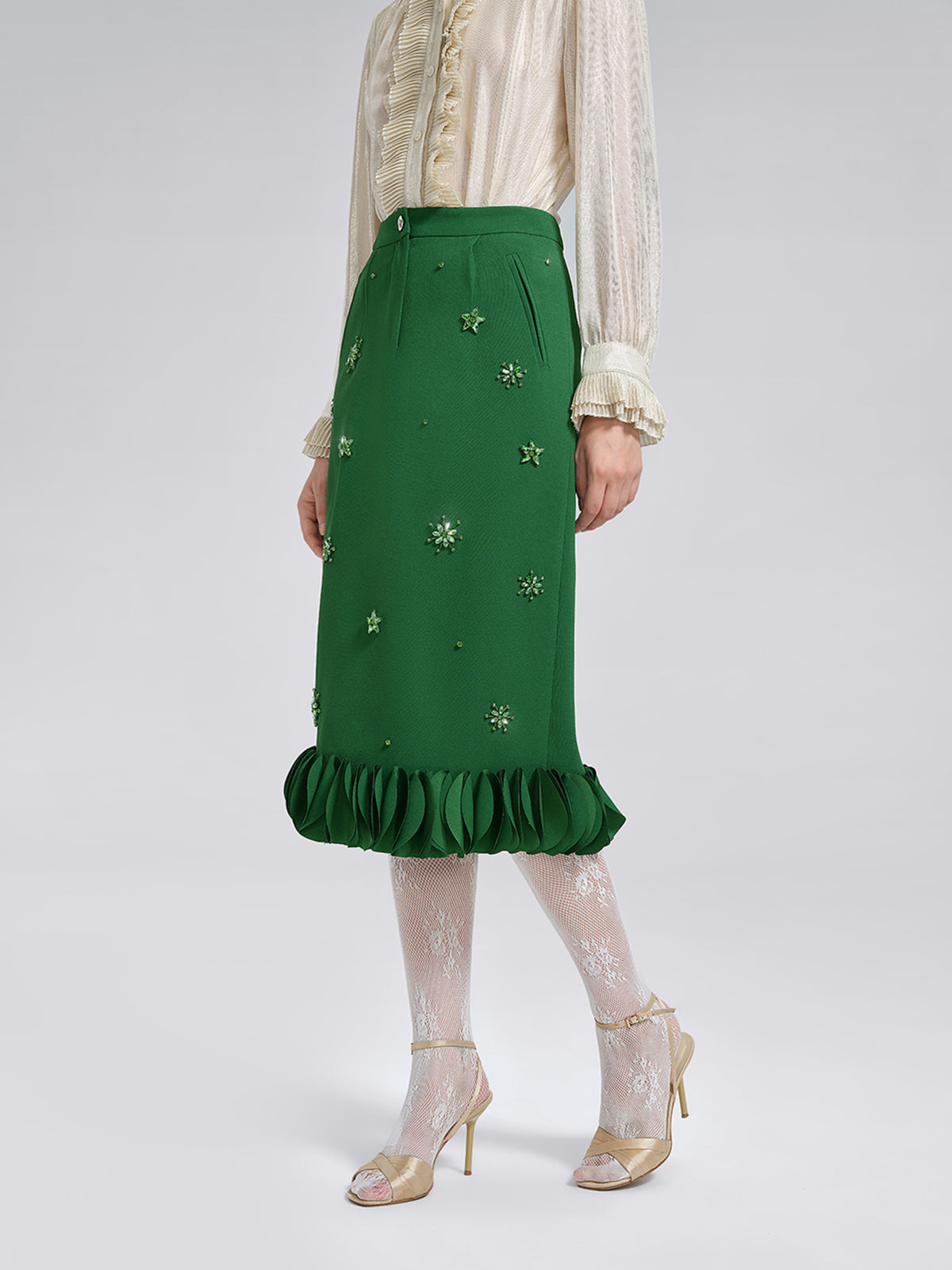 Final Sale | Hand-Beaded Layered Floral Trim Skirt