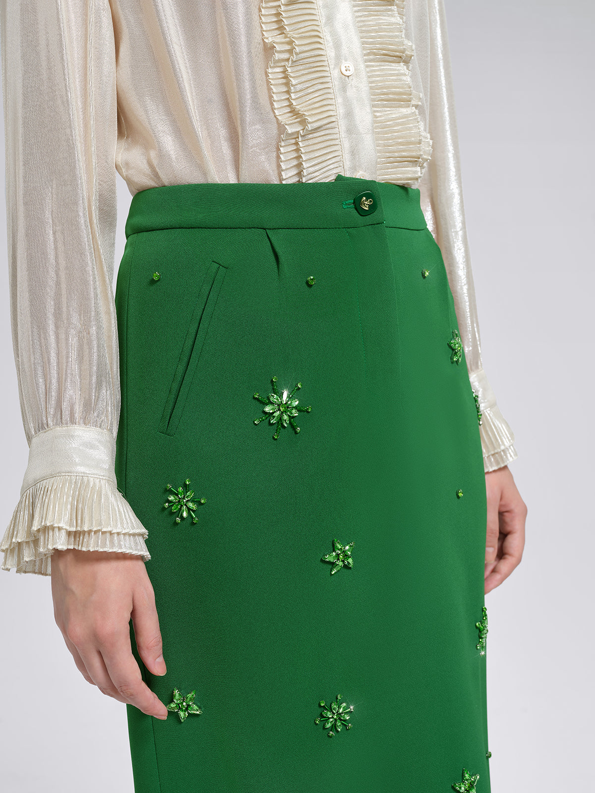Final Sale | Hand-Beaded Layered Floral Trim Skirt