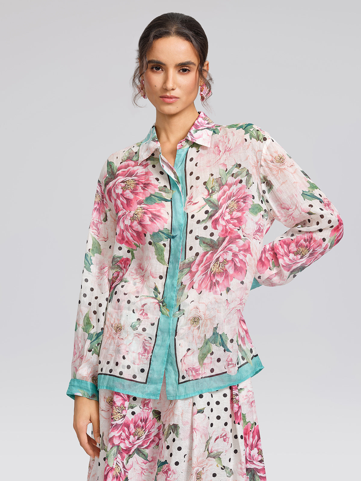 100% Ramie Peony Polka Dot Print Shirt