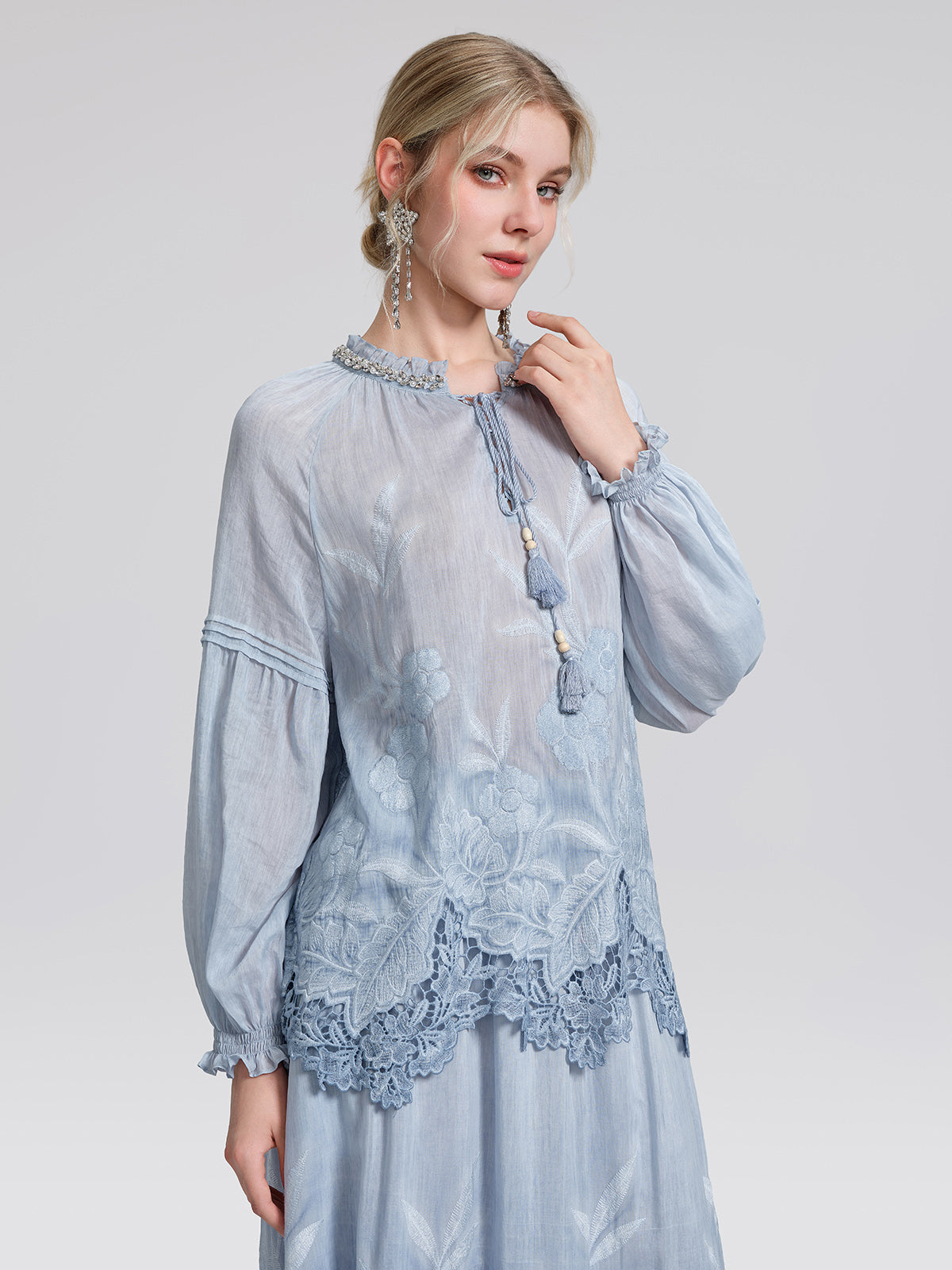 Silk Cotton Embroidered Lace Trim Beaded Blouse