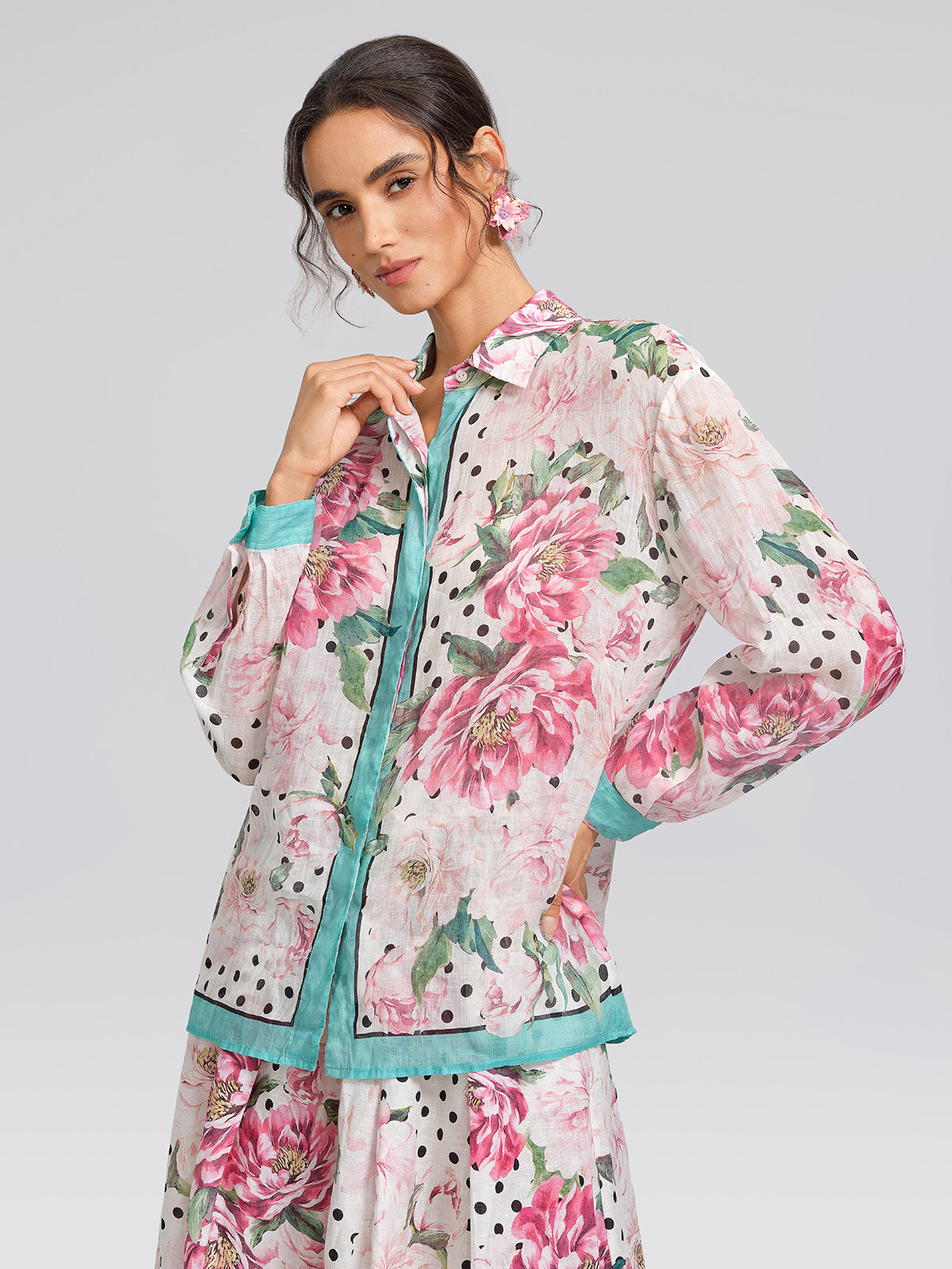 100% Ramie Peony Polka Dot Print Shirt