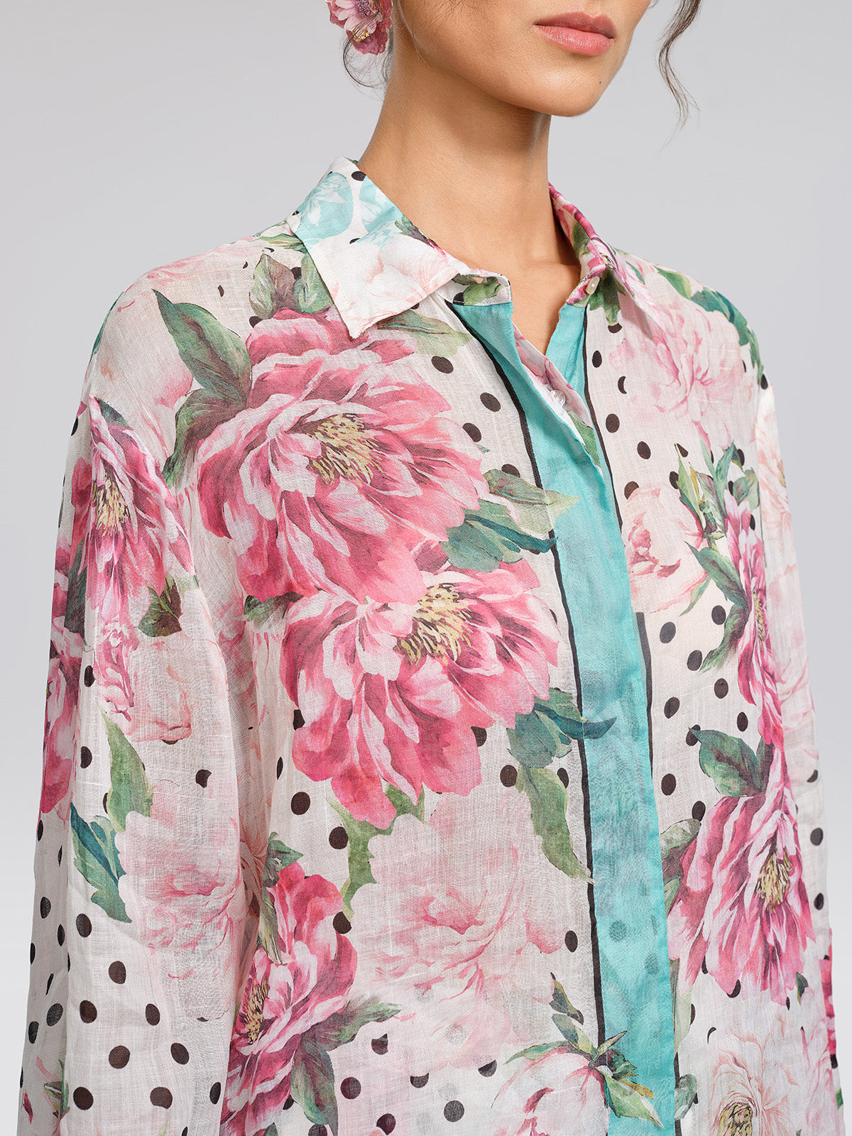 100% Ramie Peony Polka Dot Print Shirt