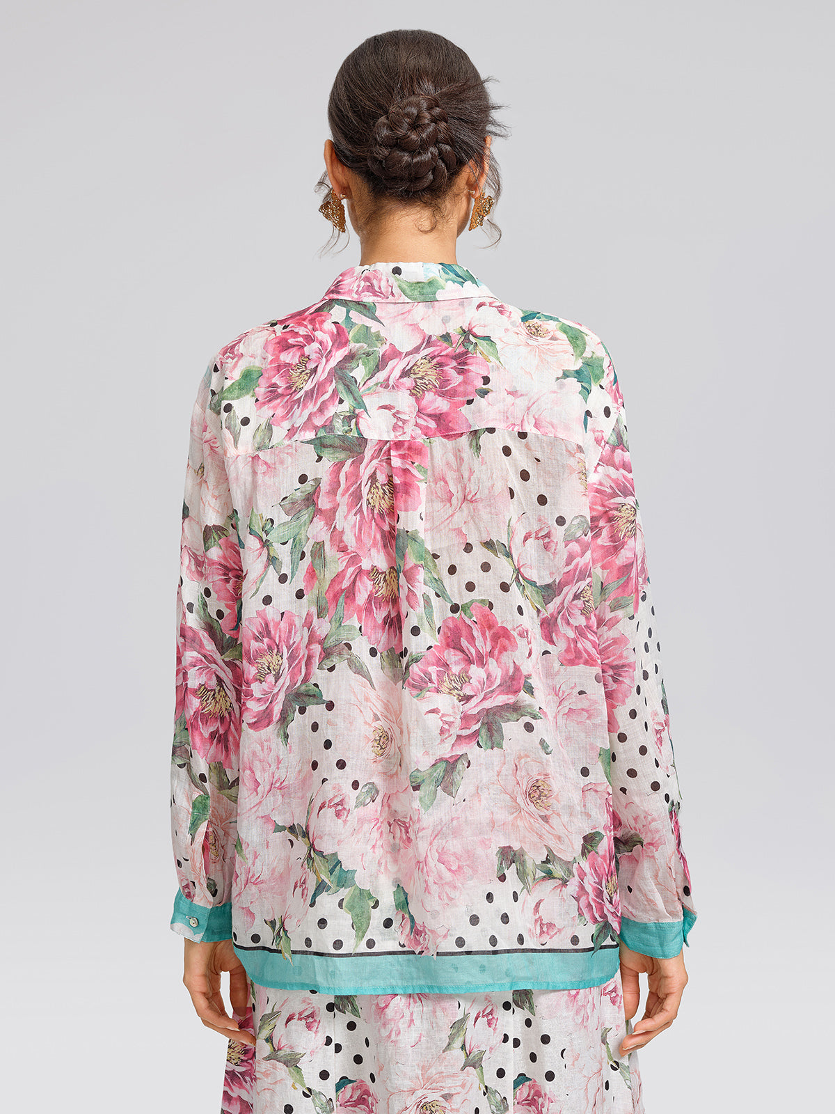 100% Ramie Peony Polka Dot Print Shirt