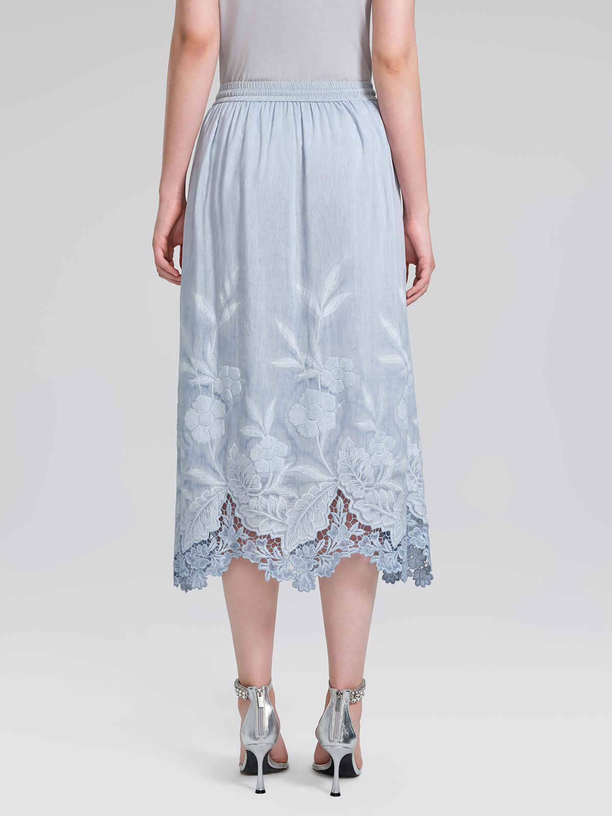 Silk Cotton Embroidered Lace Trim Panel Skirt