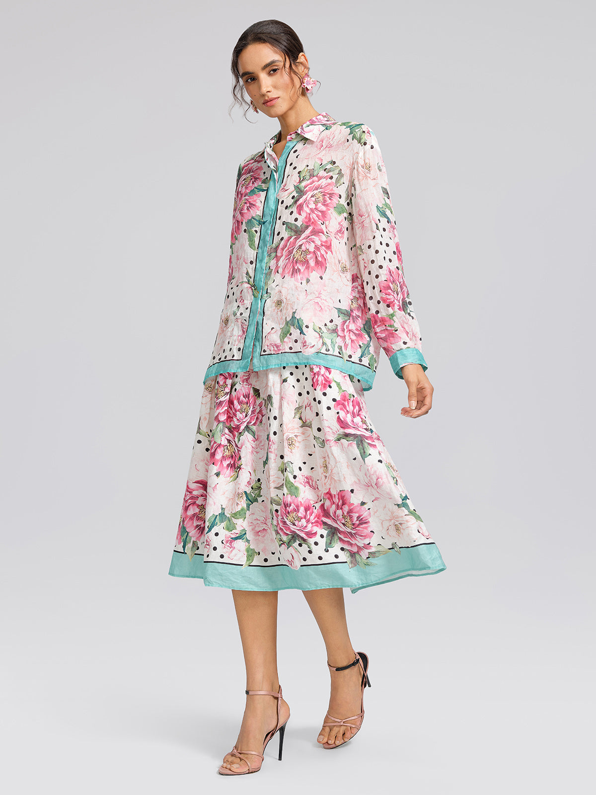100% Ramie Peony Polka Dot Print Shirt
