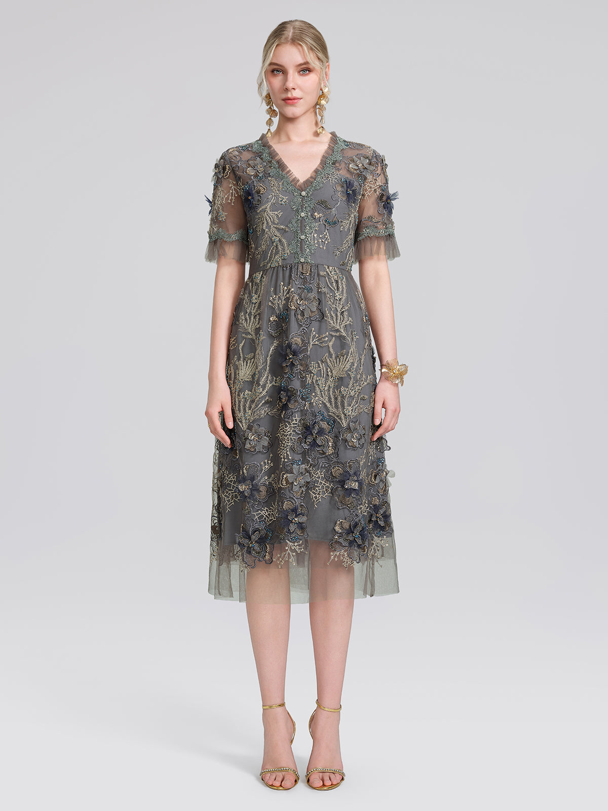 Gold Thread Embroidered Mesh Dress