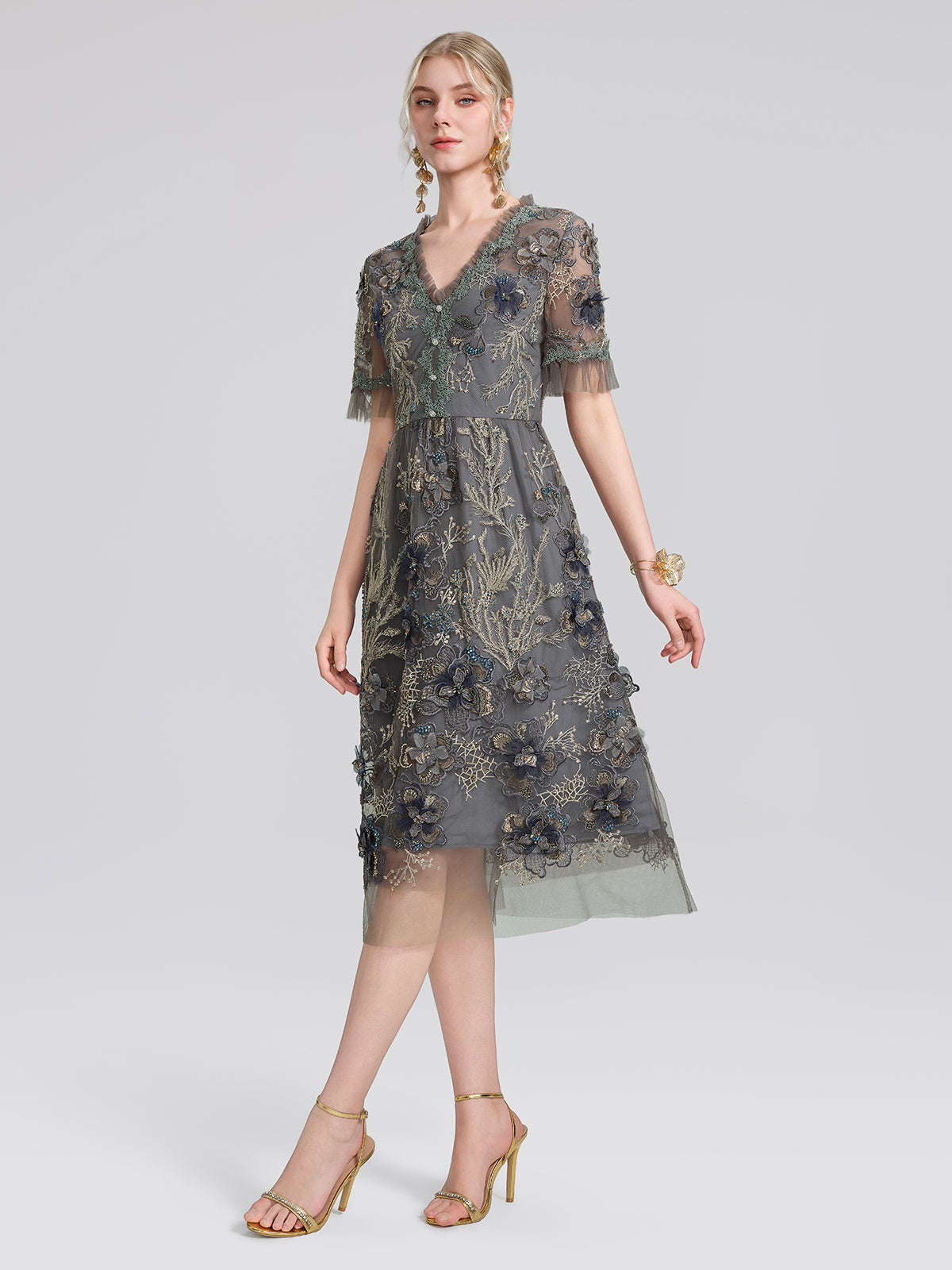 Gold Thread Embroidered Mesh Dress