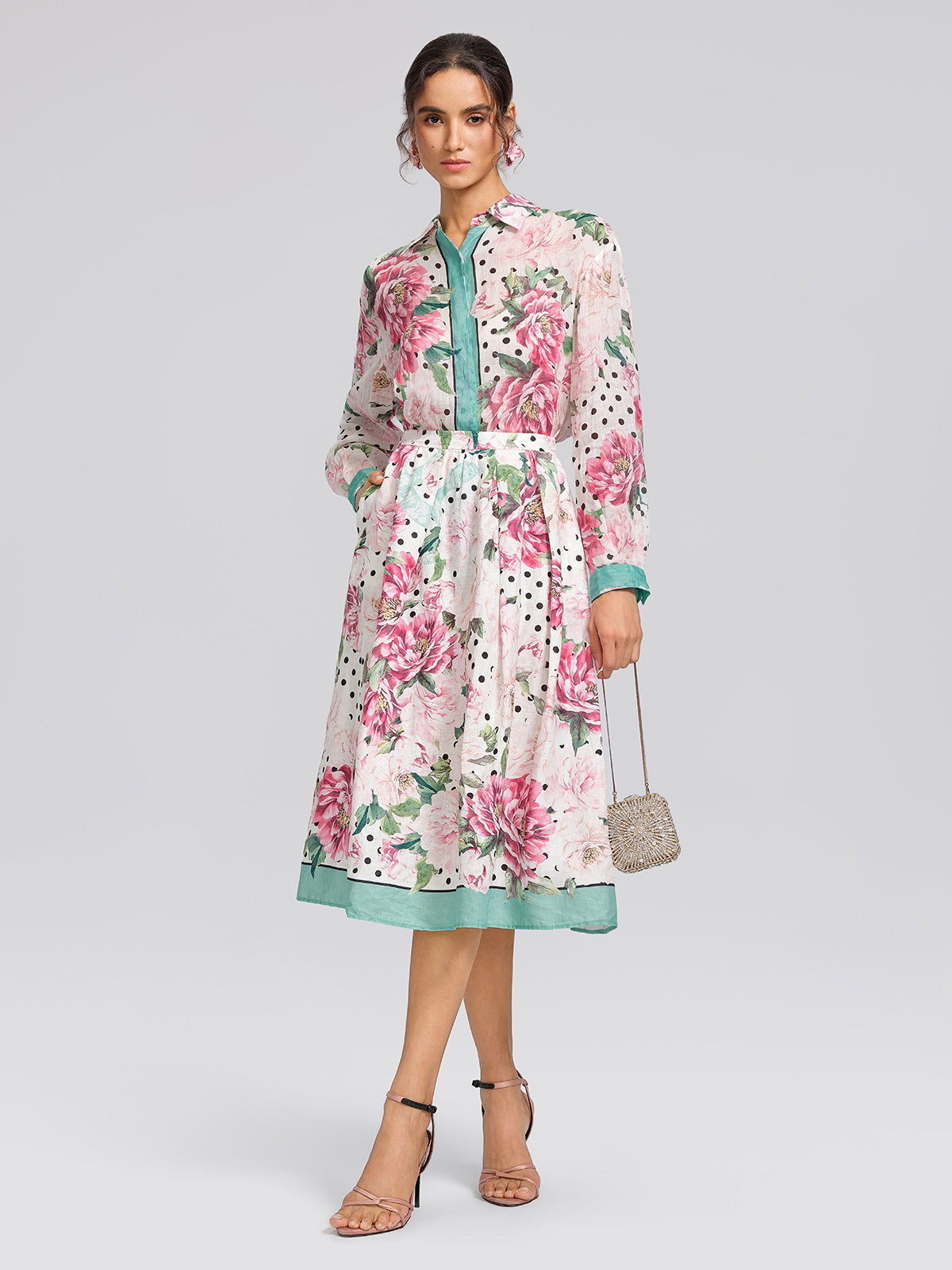 100% Ramie Peony Polka Dot Print Shirt