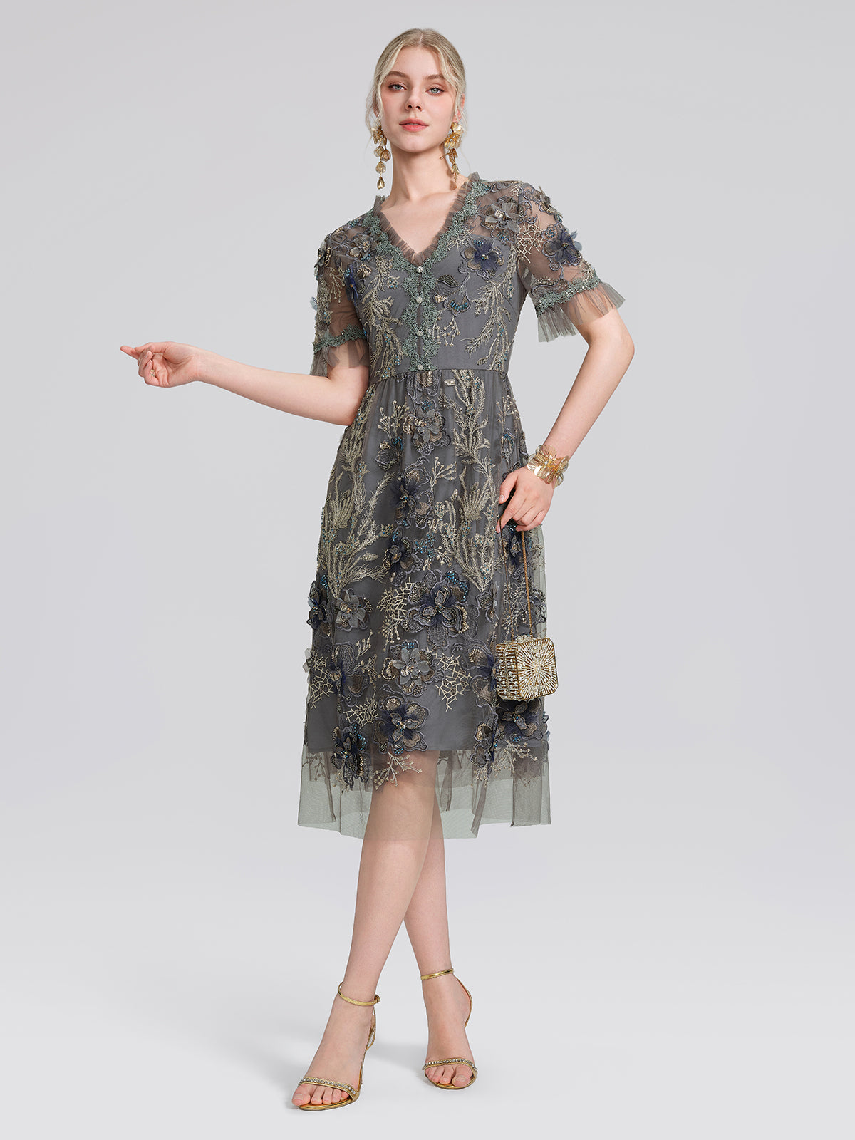 Gold Thread Embroidered Mesh Dress, DARK GREEN / M