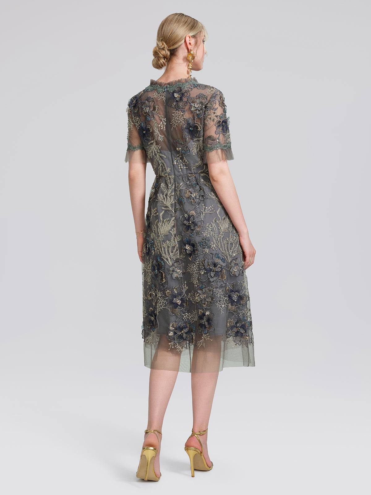 Gold Thread Embroidered Mesh Dress