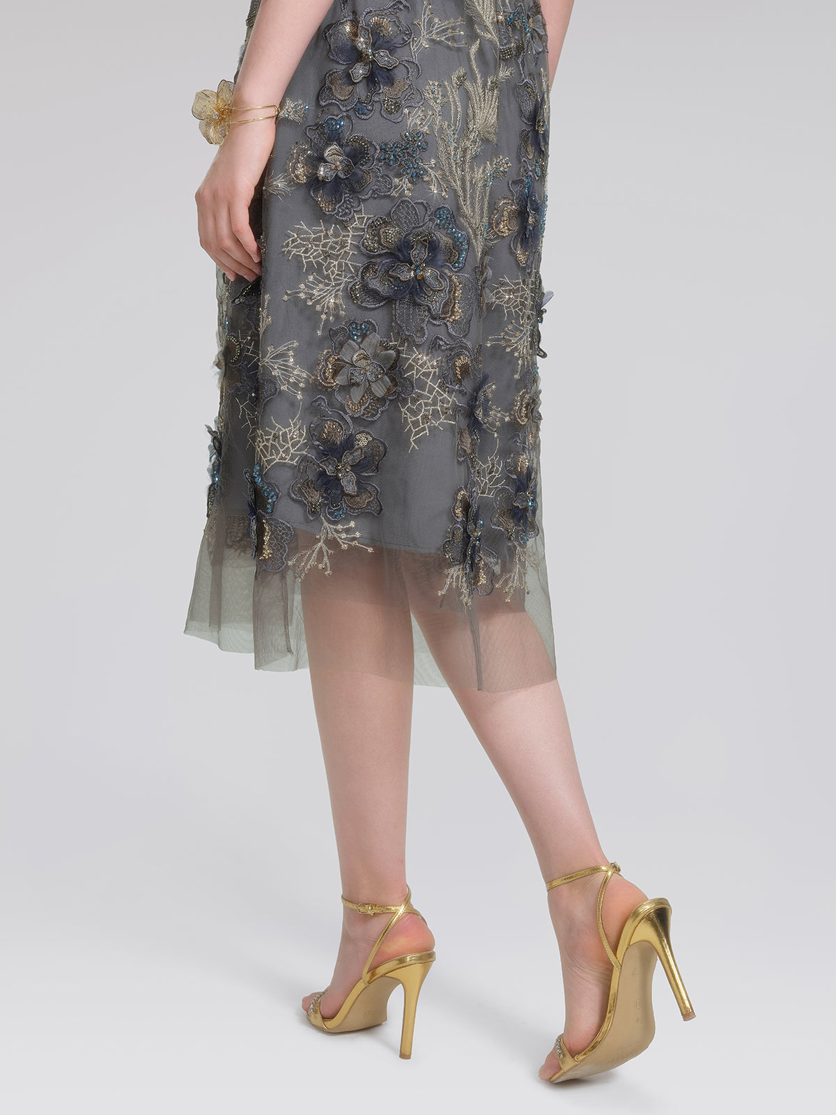 Gold Thread Embroidered Mesh Dress