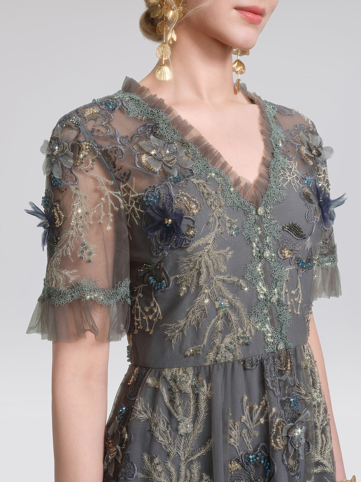 Gold Thread Embroidered Mesh Dress