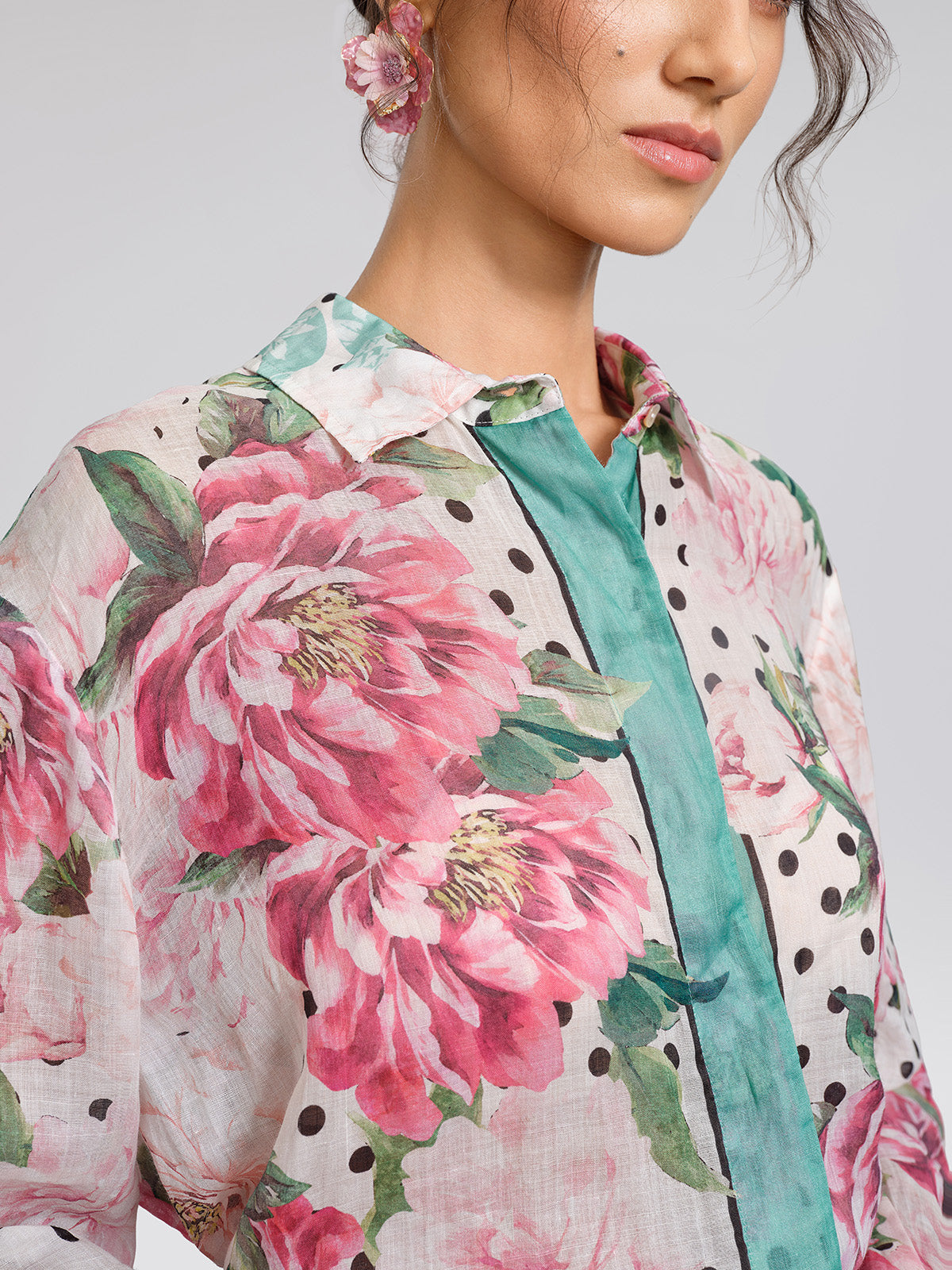 100% Ramie Peony Polka Dot Print Shirt
