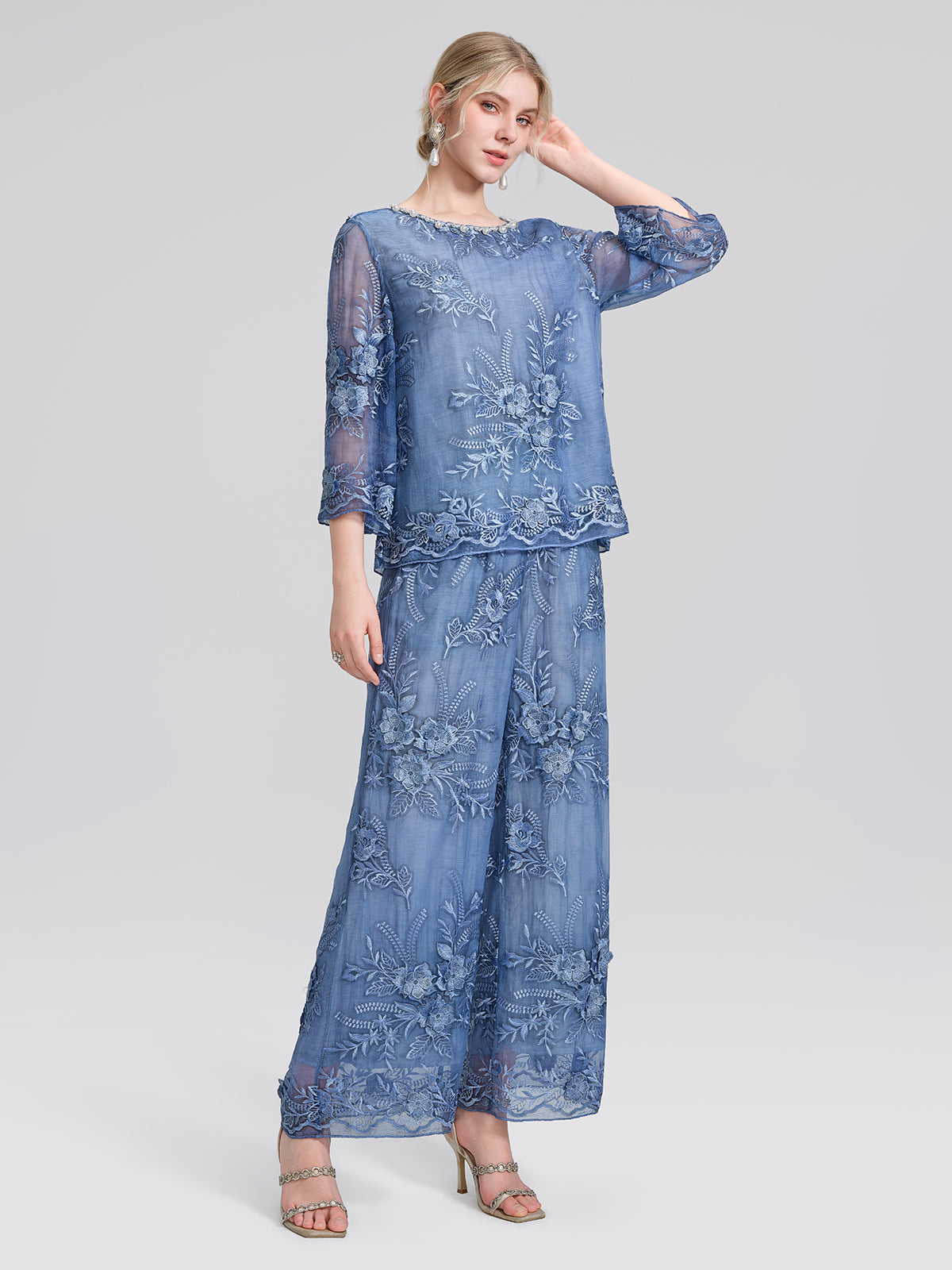 Mulberry Silk Embroidered Elastic-Waist Pants