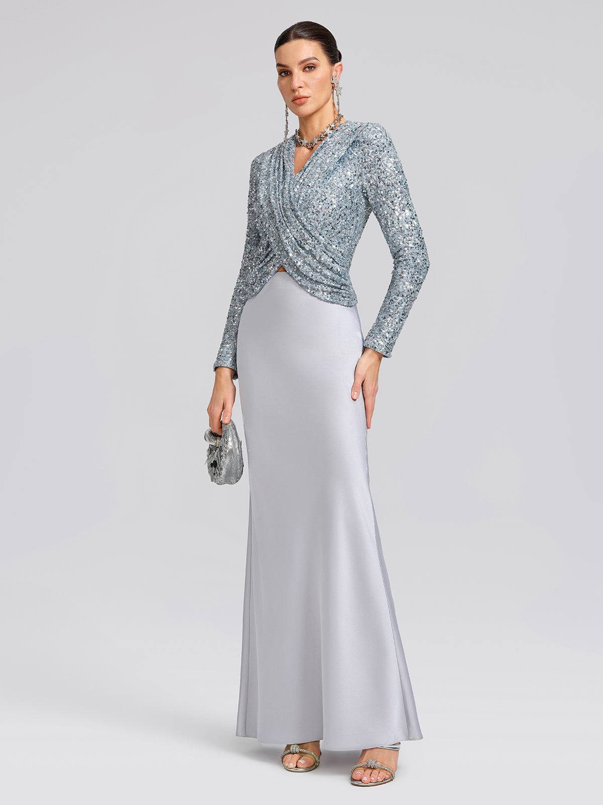 Draped V-Neck Sequin Sculpted Top
