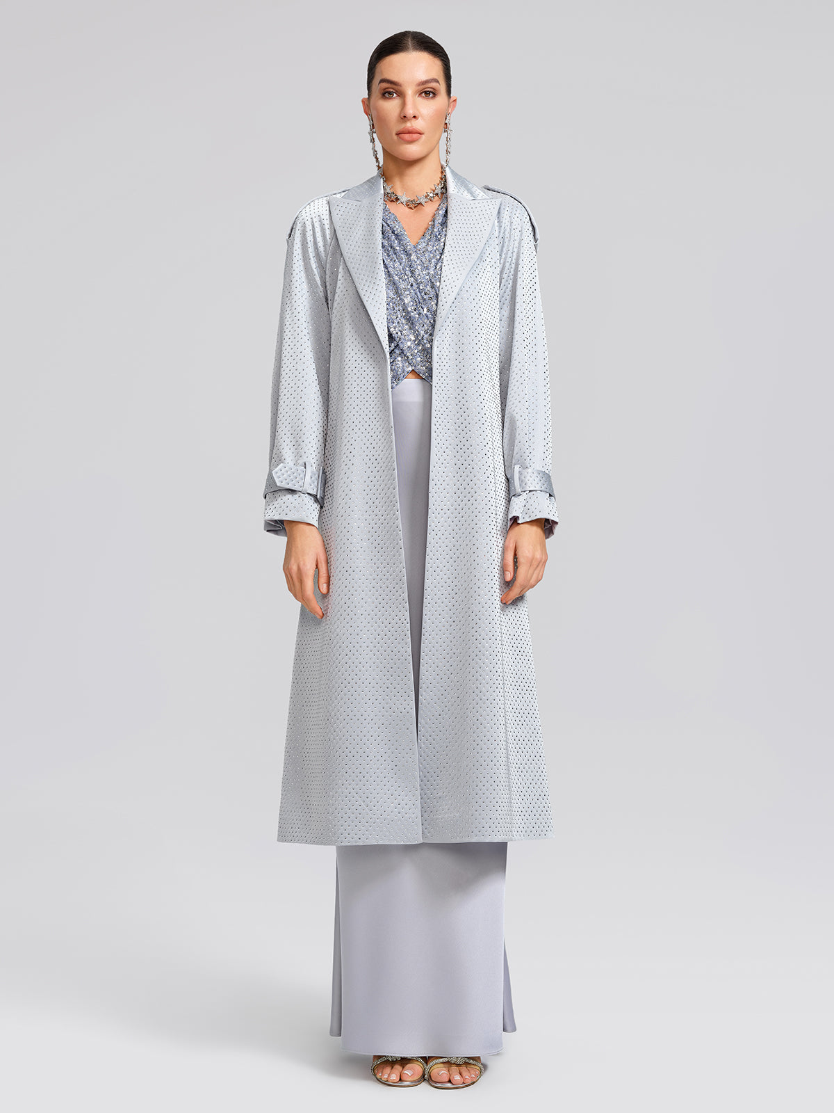 Handcrafted Rhinestone Satin Trench Coat (Belt Included)