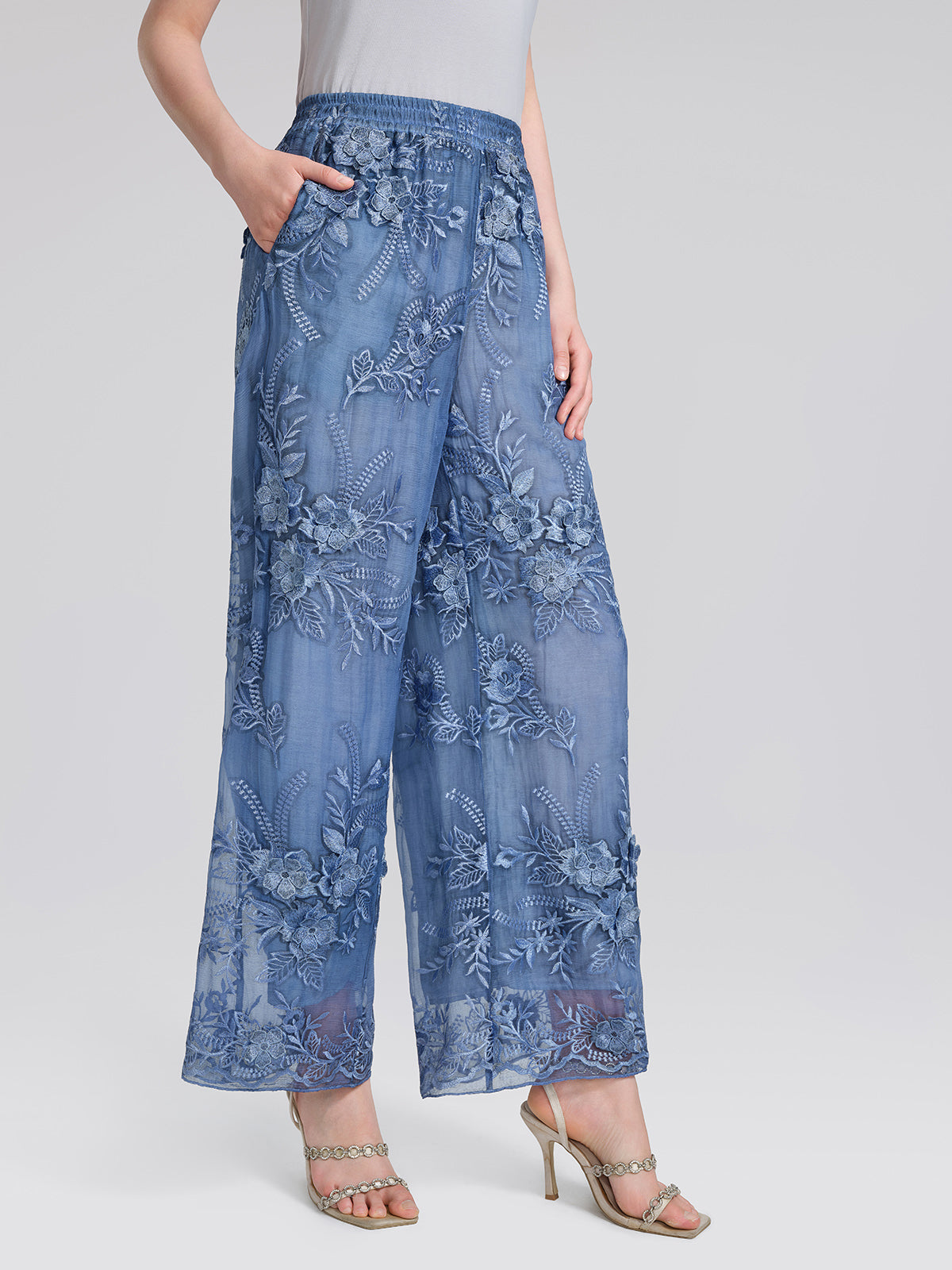 Mulberry Silk Embroidered Elastic-Waist Pants