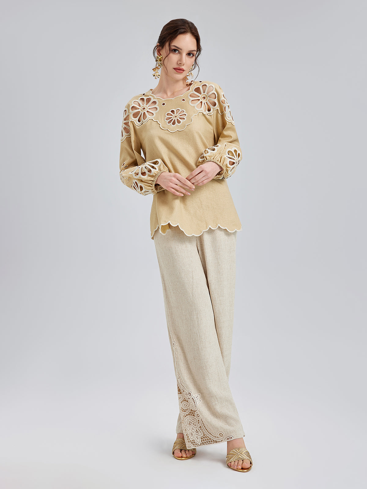 Final Sale | French Ramie Lace-Trimmed Pants with Braided Belt