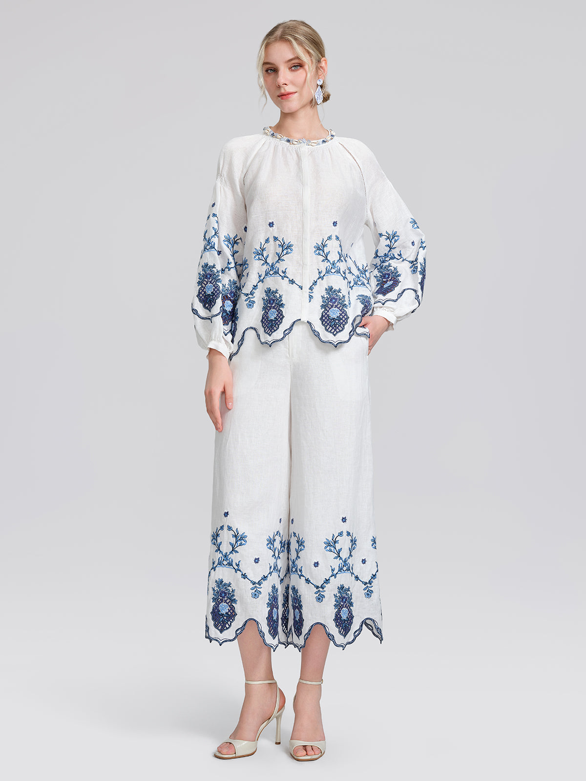 Linen Embroidered Cutwork Balloon Sleeve Top