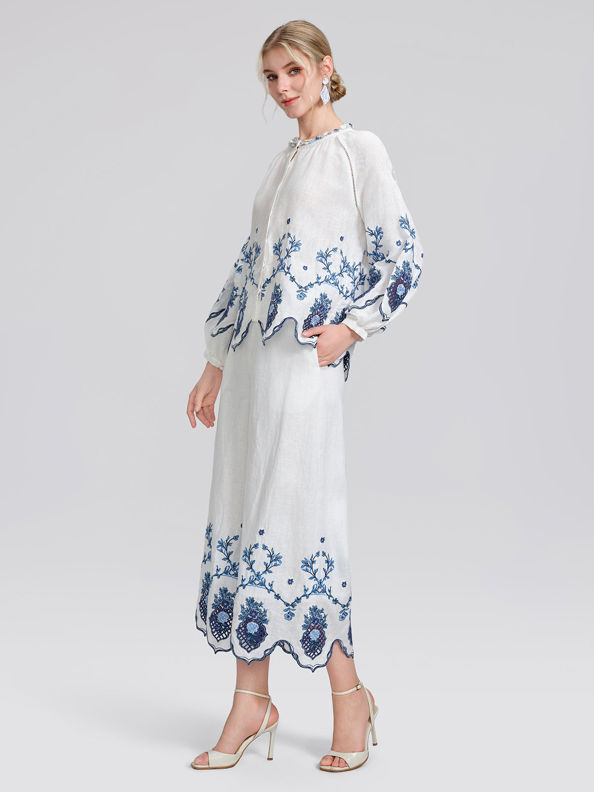 Linen Embroidered Cutwork Balloon Sleeve Top