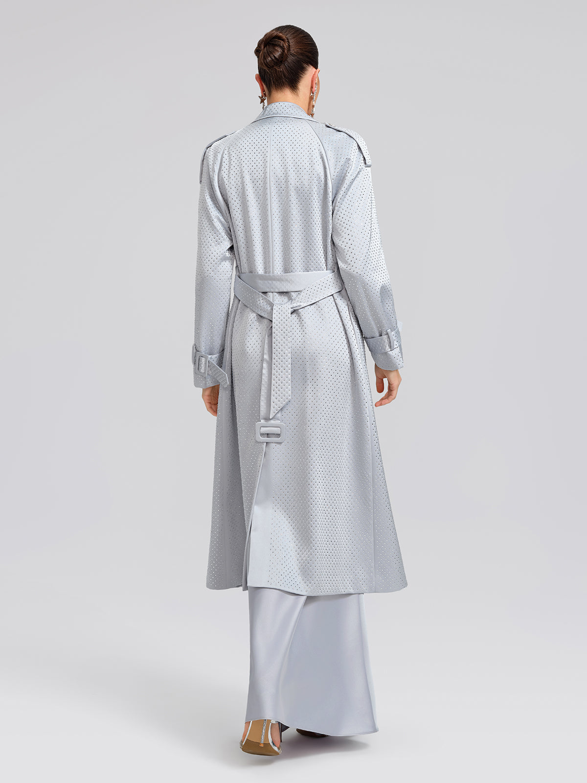 Handcrafted Rhinestone Satin Trench Coat (Belt Included)