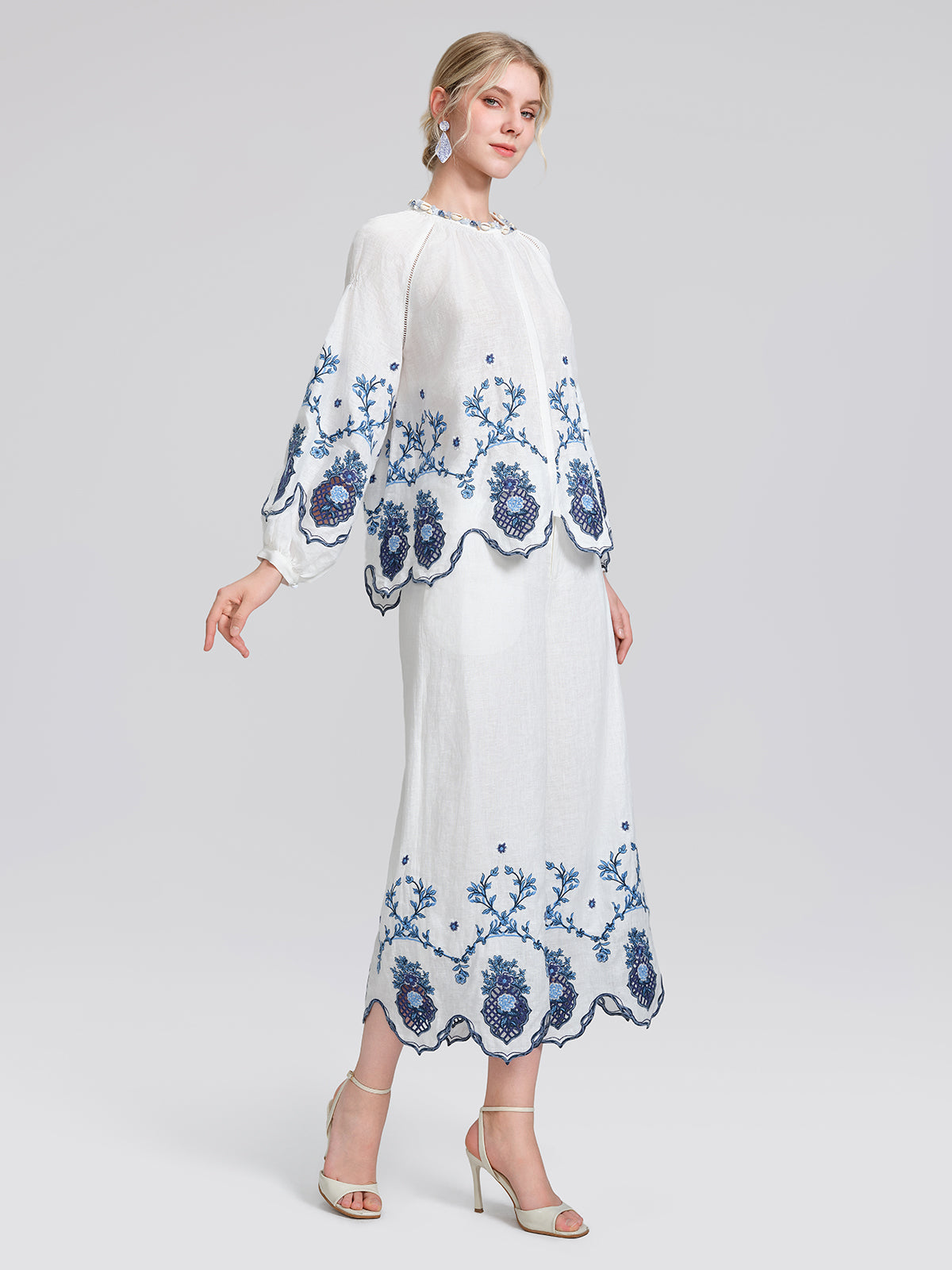 Linen Embroidered Cutwork Pearl Button Wide-Leg Pants