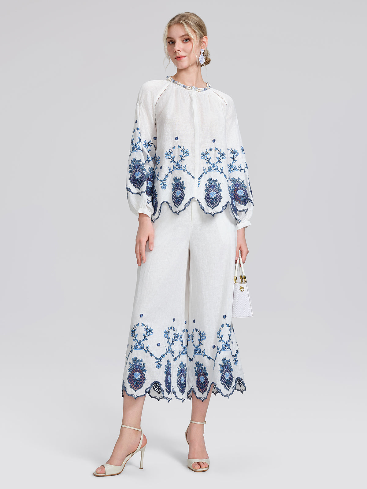 Linen Embroidered Cutwork Balloon Sleeve Top