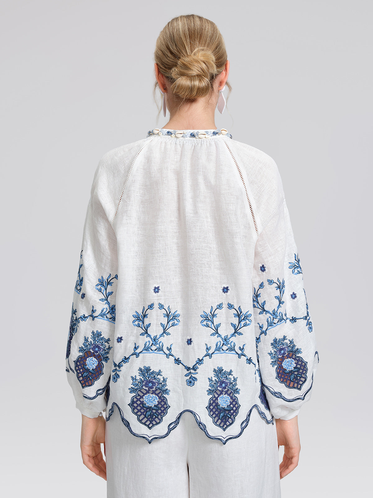 Linen Embroidered Cutwork Balloon Sleeve Top