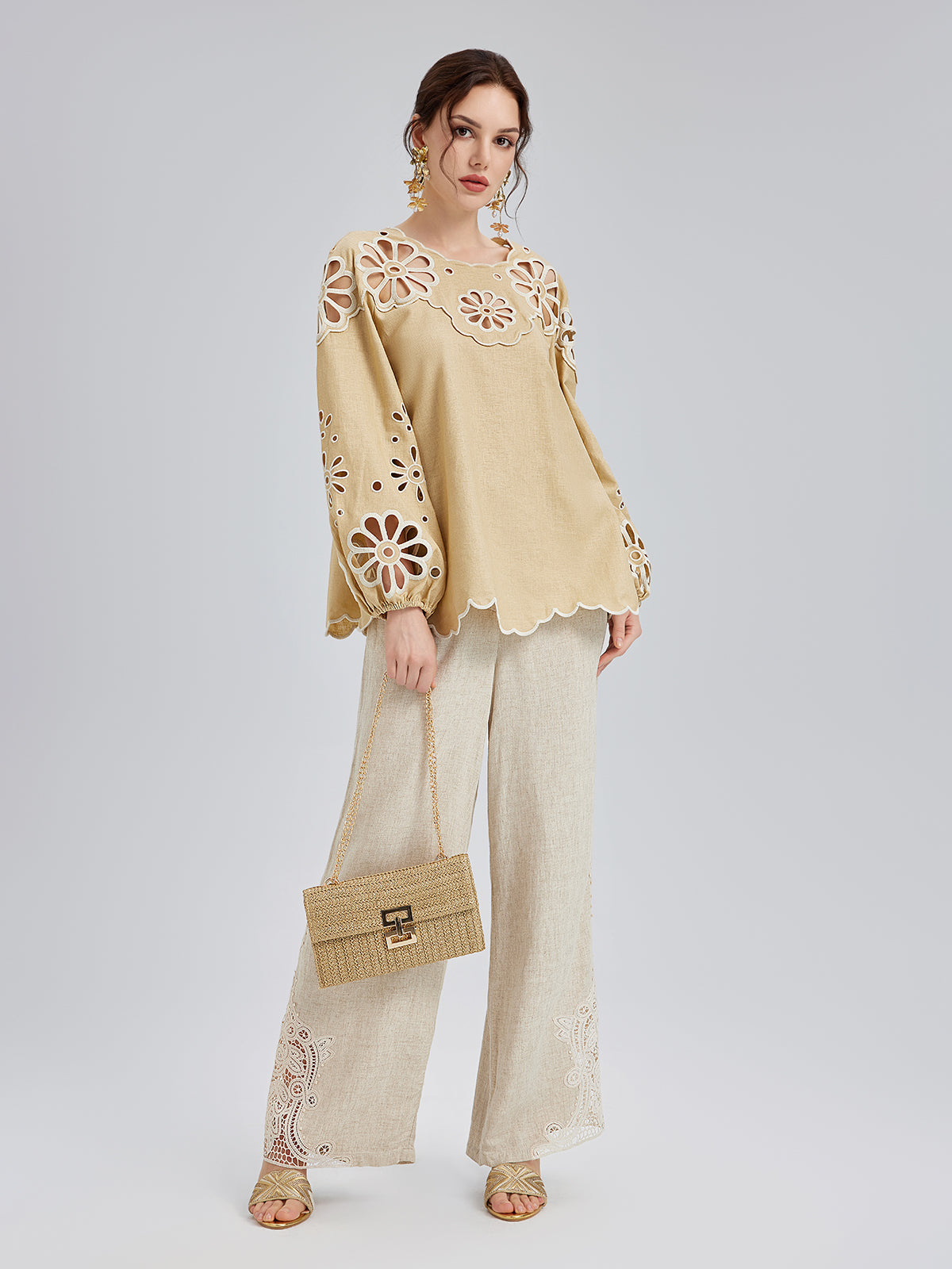 Final Sale | French Ramie Lace-Trimmed Pants with Braided Belt