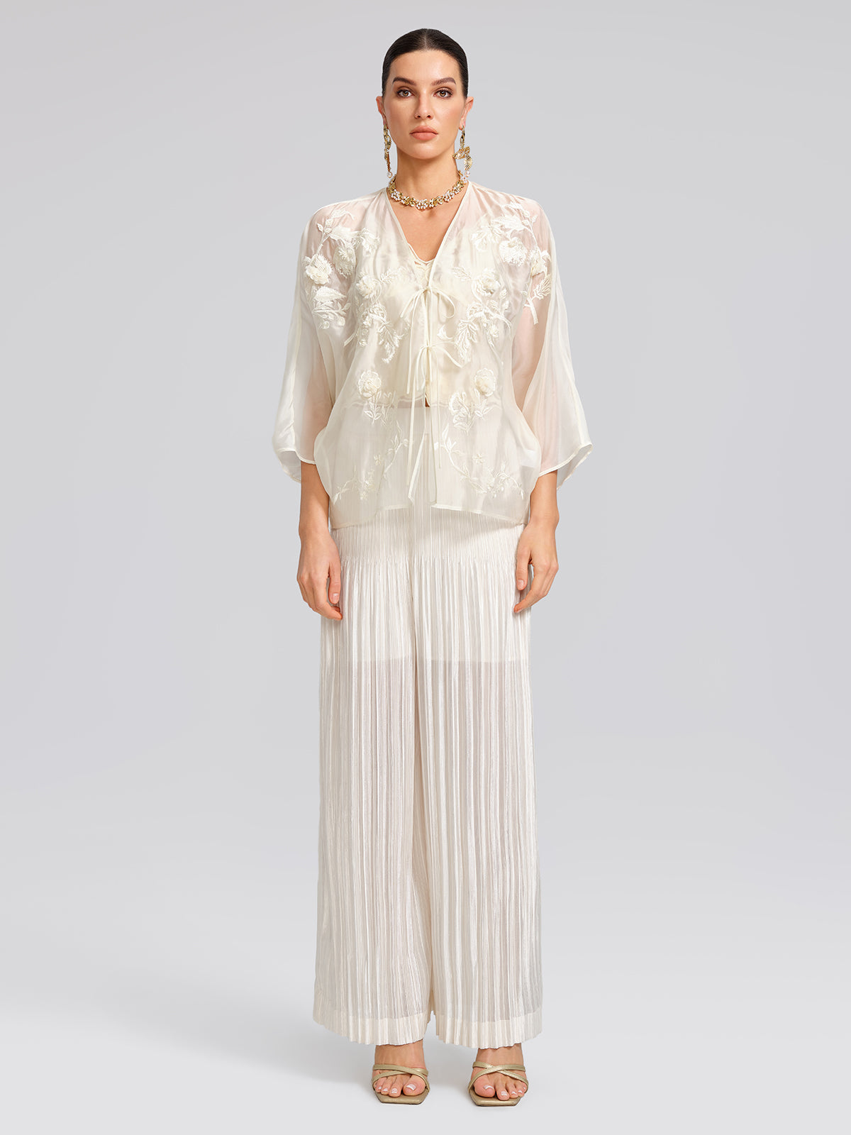 Embroidered Beaded Organza Batwing Shawl