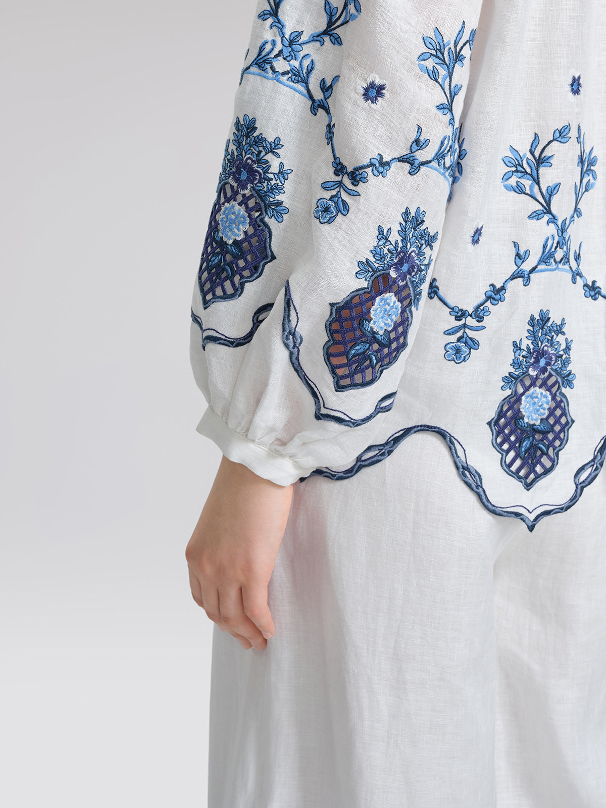 Linen Embroidered Cutwork Balloon Sleeve Top