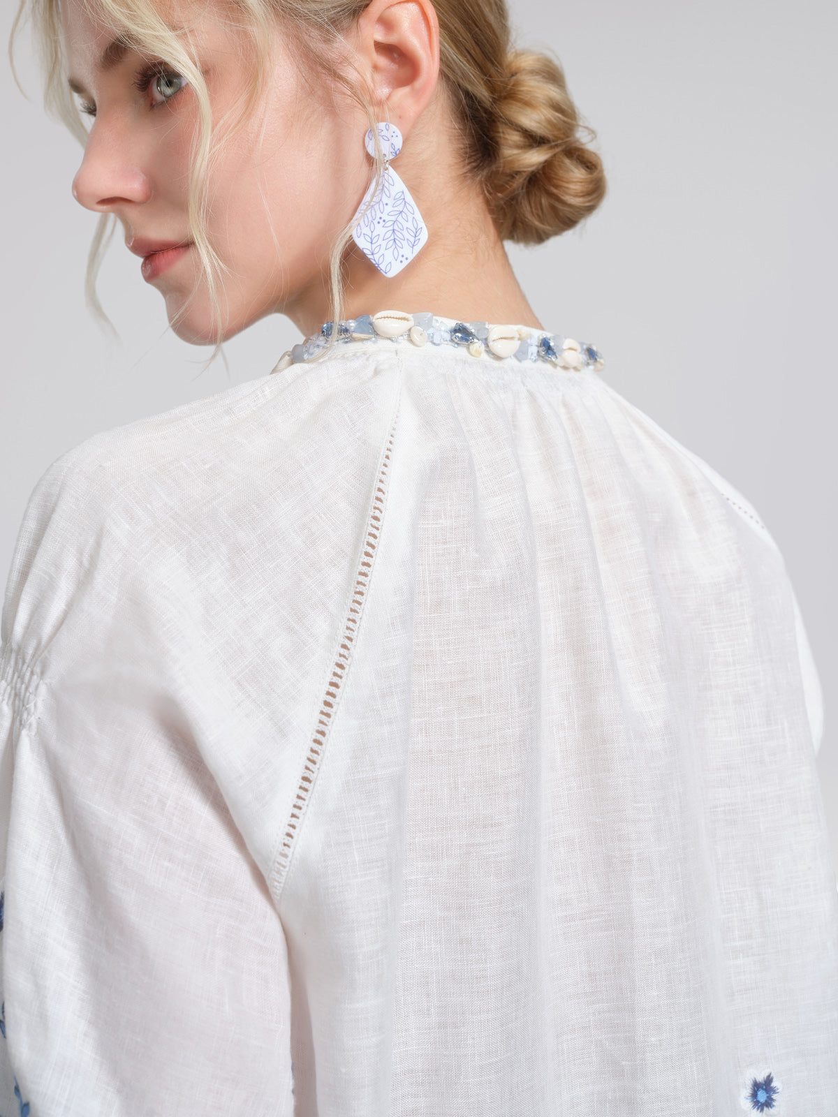 Linen Embroidered Cutwork Balloon Sleeve Top