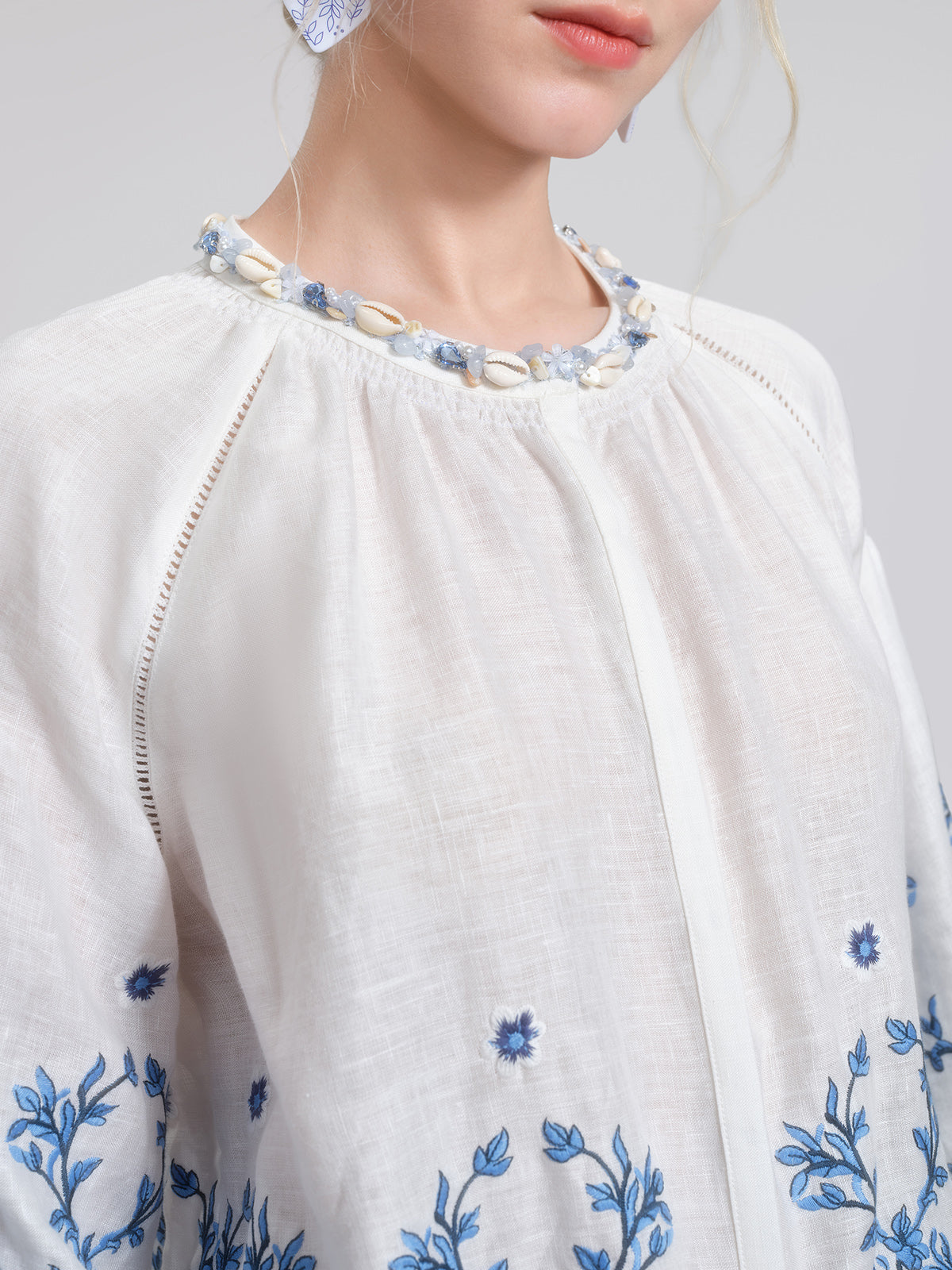 Linen Embroidered Cutwork Balloon Sleeve Top