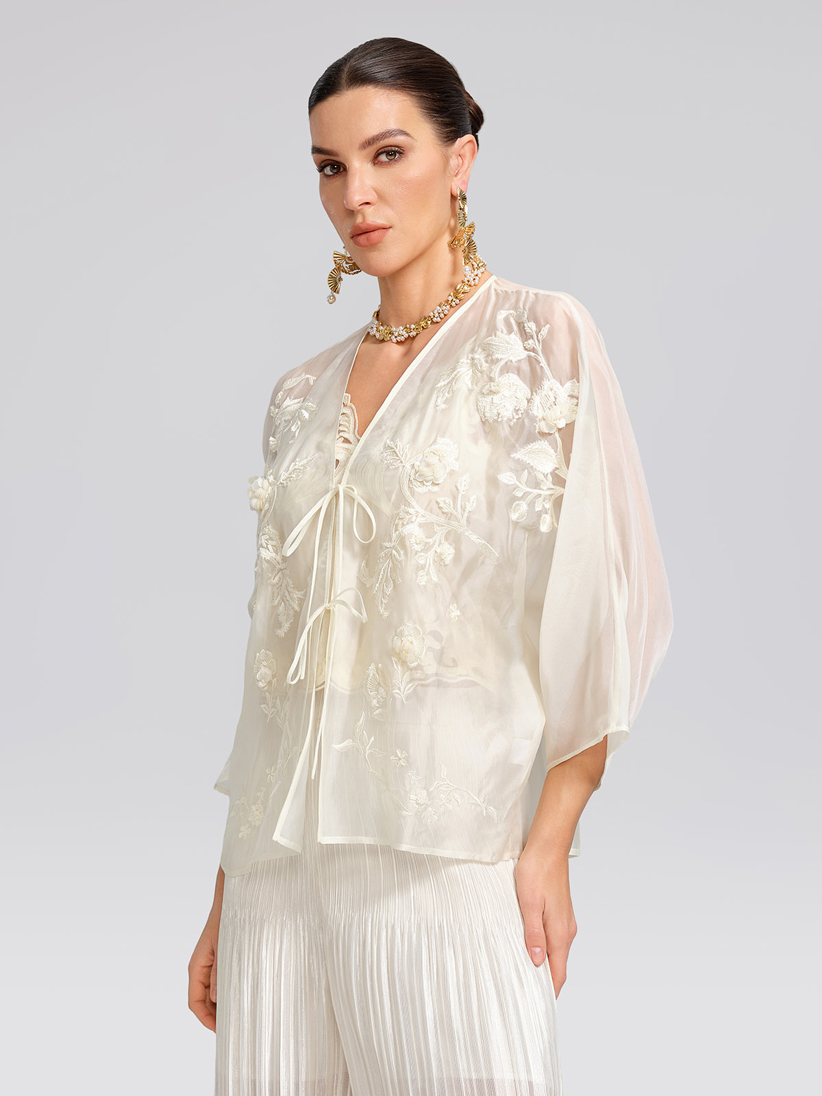 Embroidered Beaded Organza Batwing Shawl