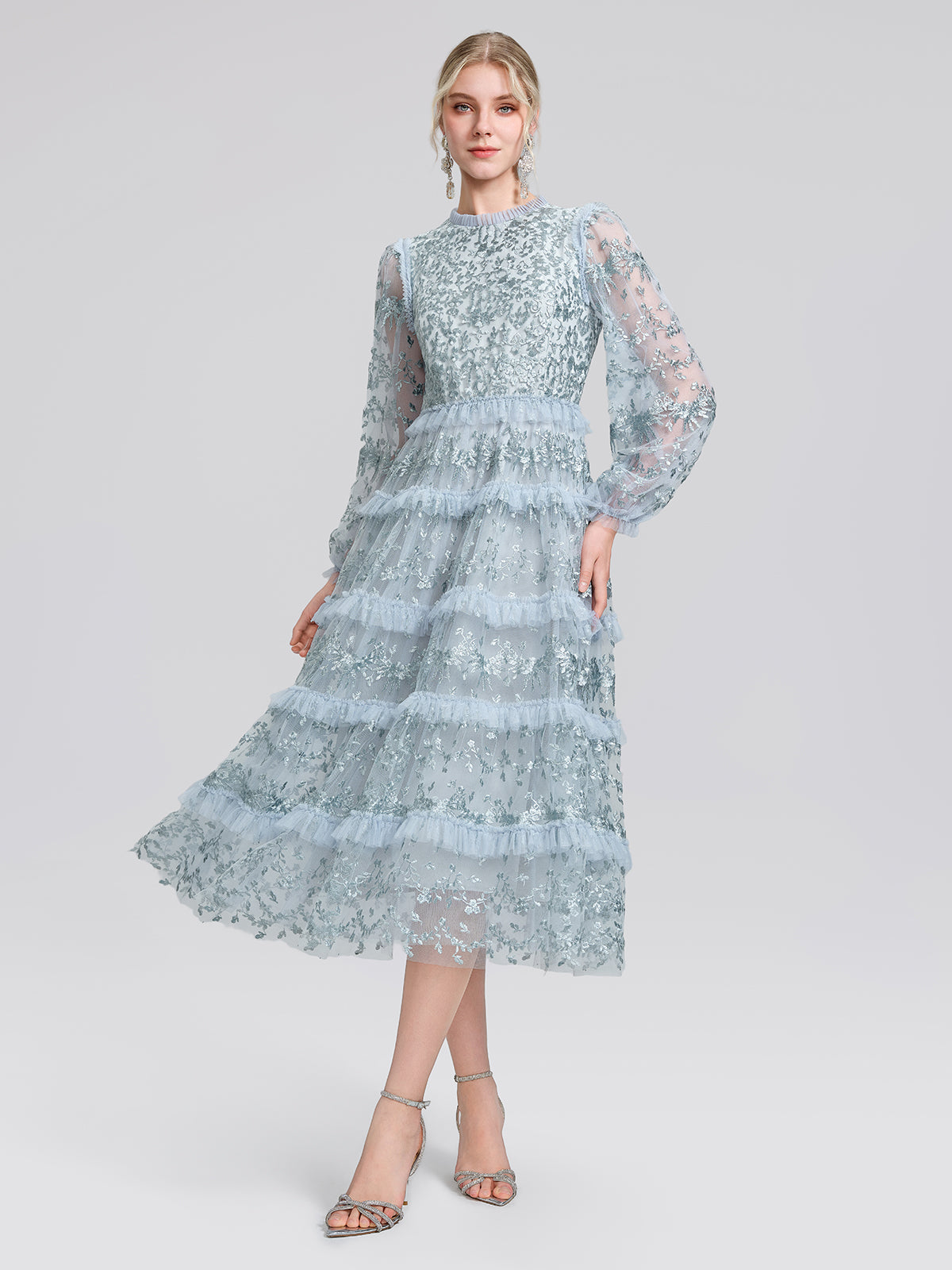 Embroidered Mesh Ruffle Lantern Sleeve Dress
