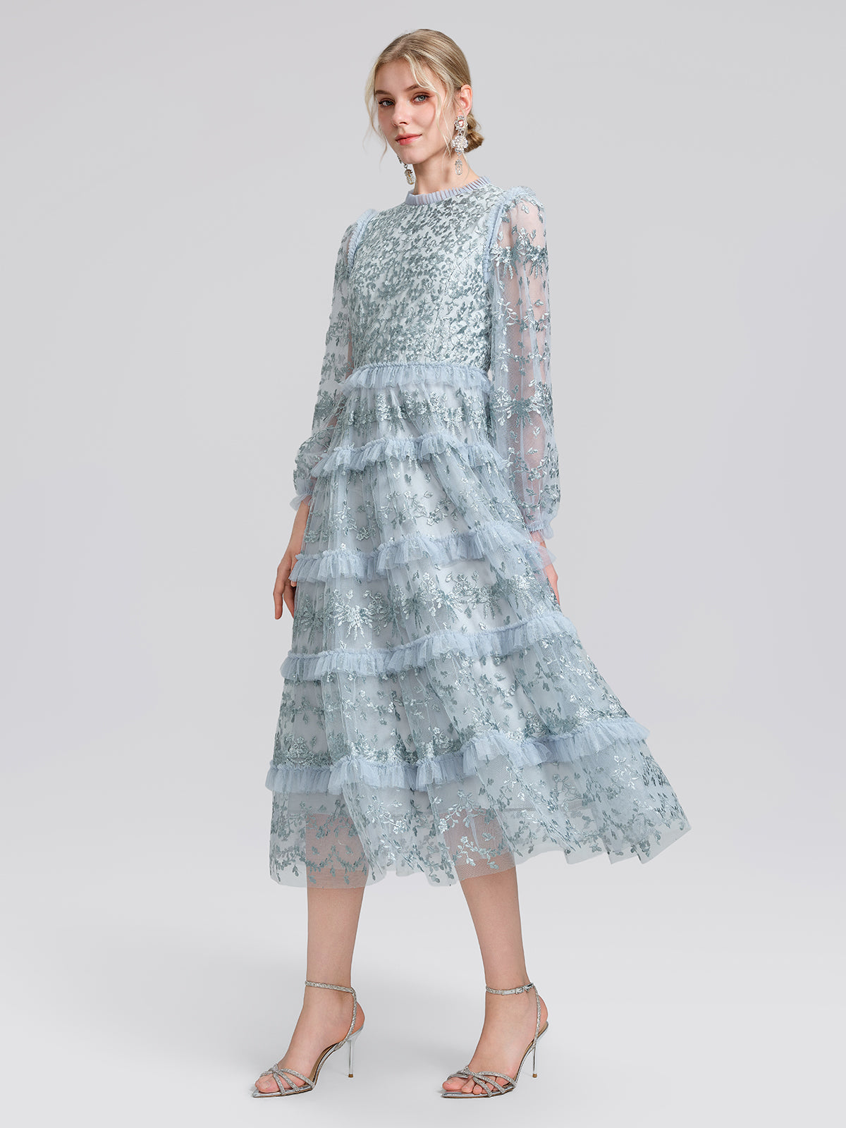Embroidered Mesh Ruffle Lantern Sleeve Dress