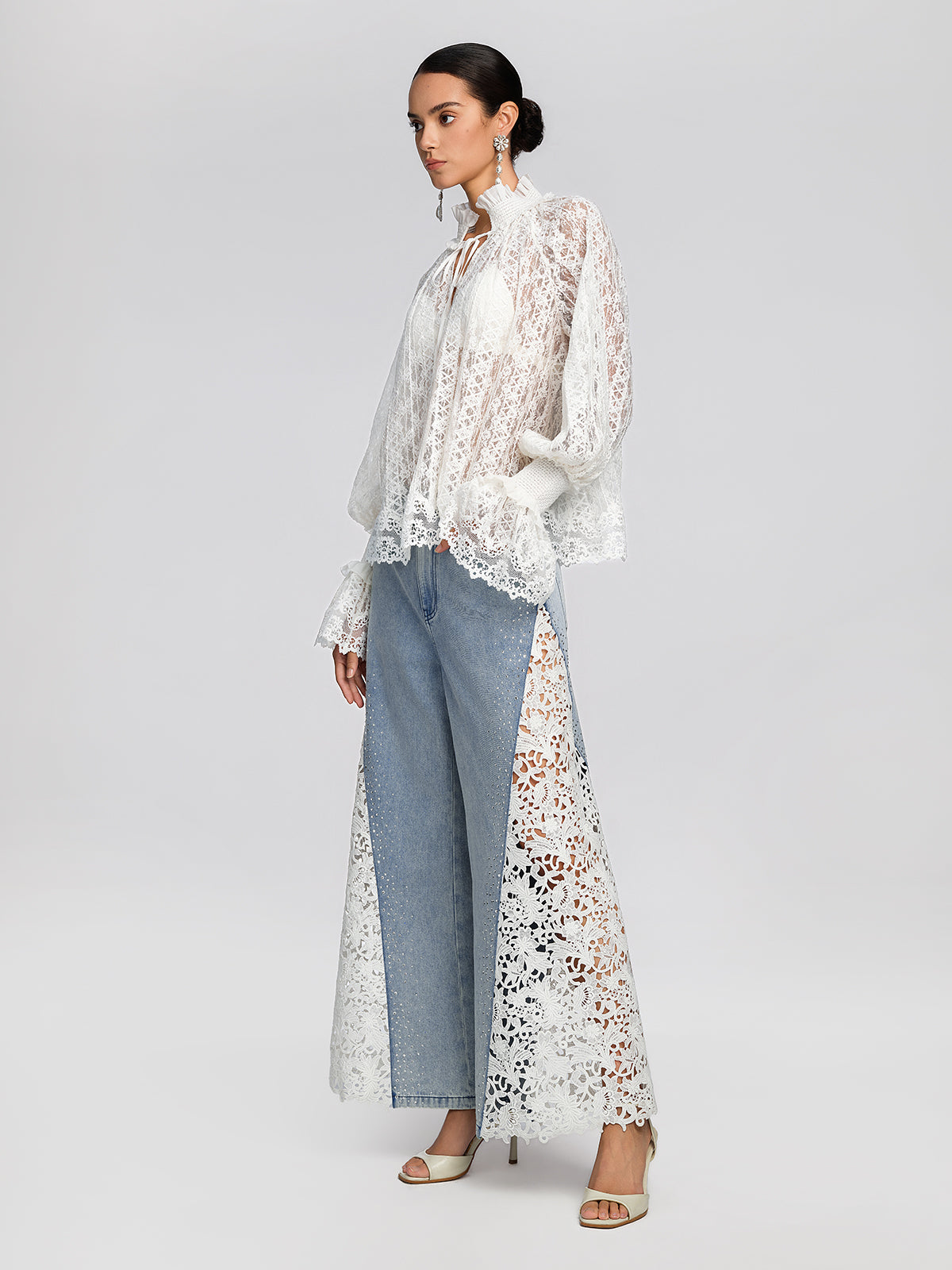 Eyelet Lace Ruffle High-Neck Blouse