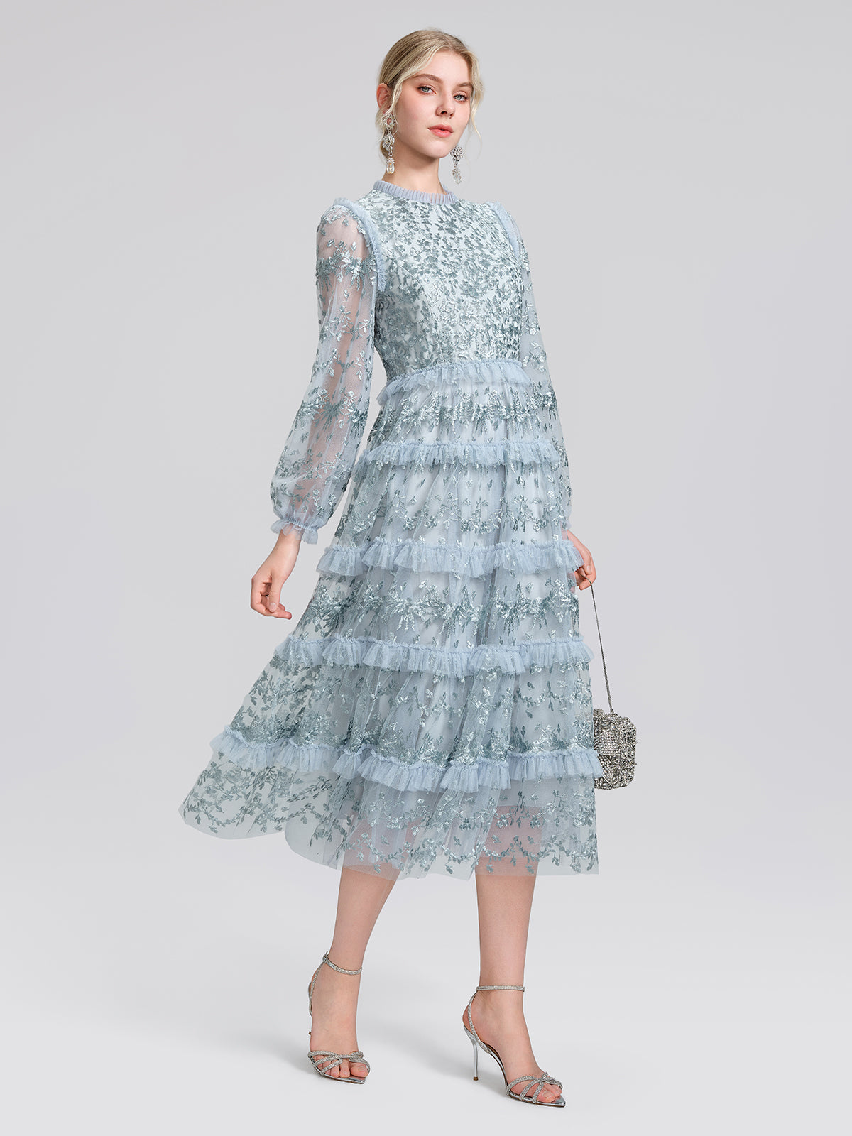 Embroidered Mesh Ruffle Lantern Sleeve Dress