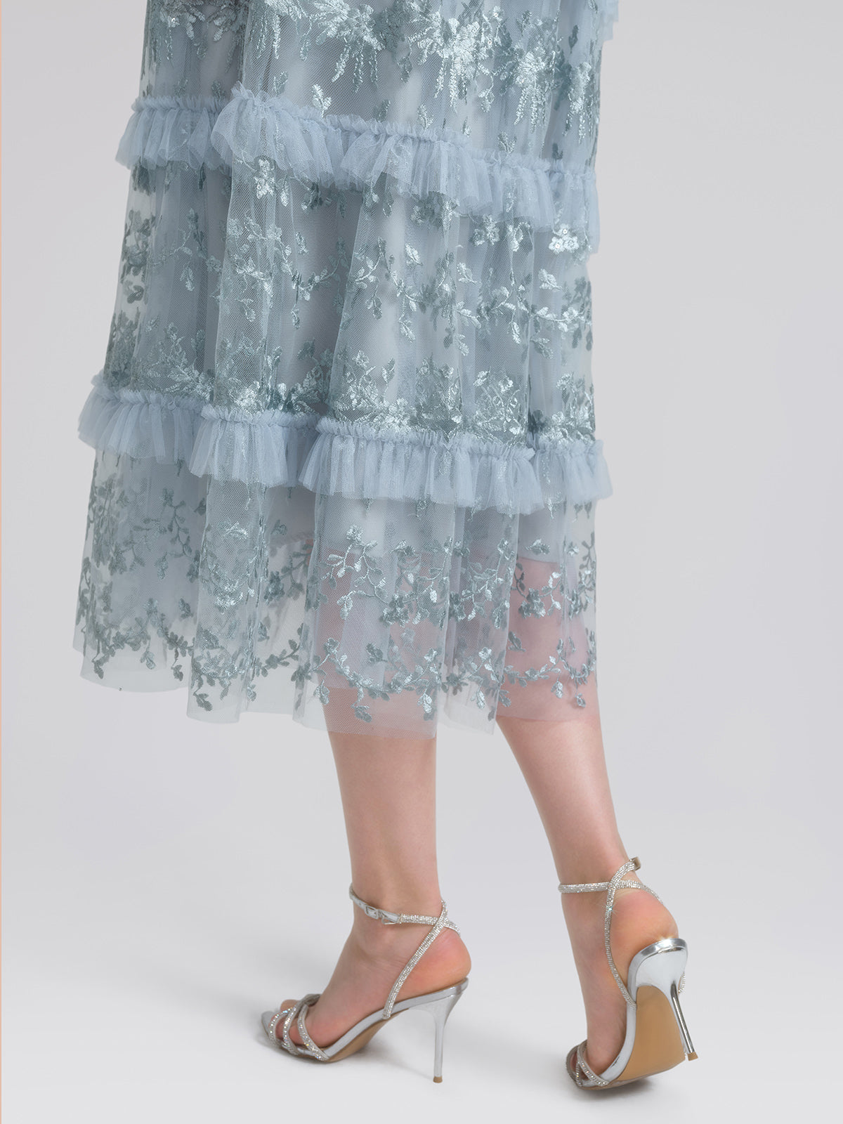 Embroidered Mesh Ruffle Lantern Sleeve Dress