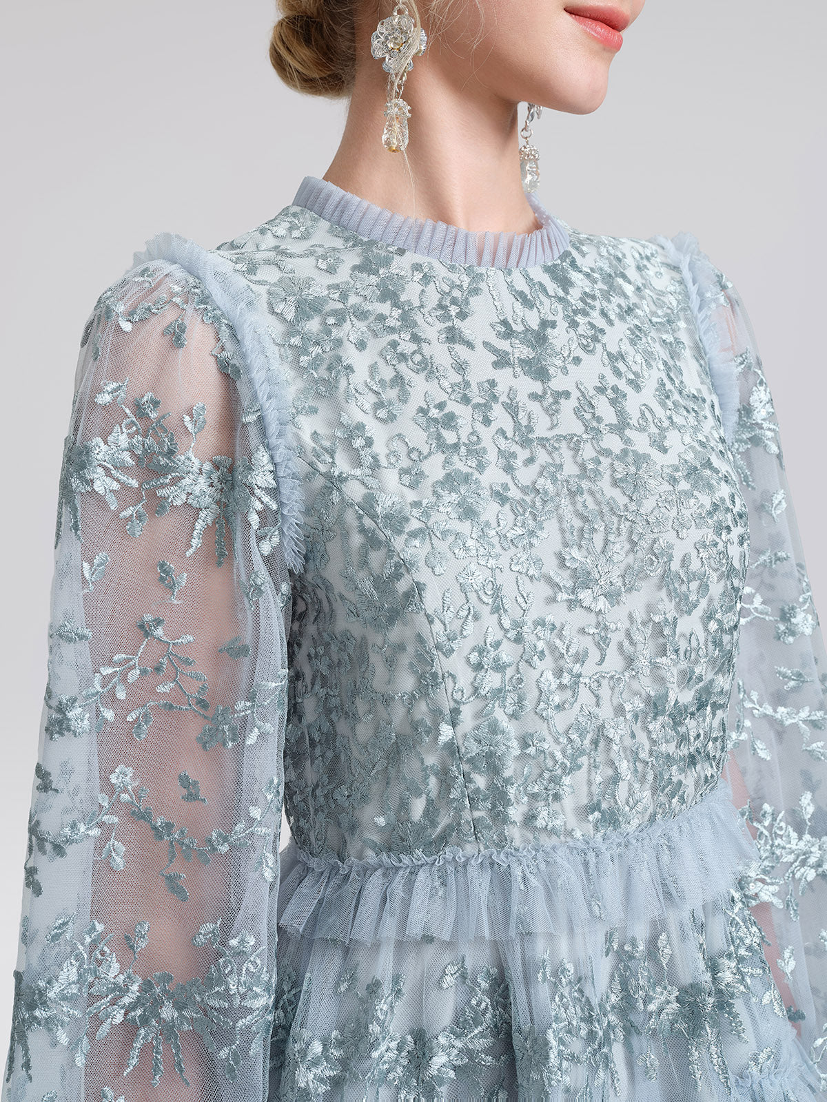 Embroidered Mesh Ruffle Lantern Sleeve Dress