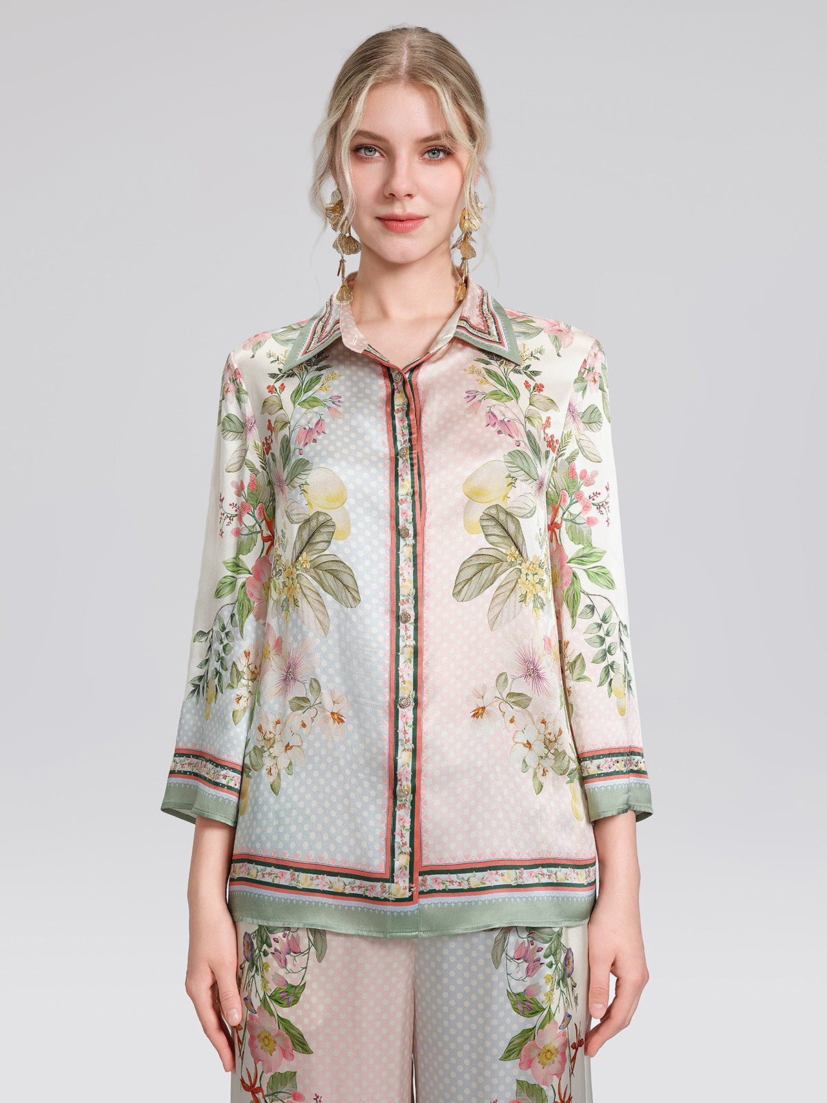 100% Silk Vintage Print Three-Quarter Sleeve Shirt
