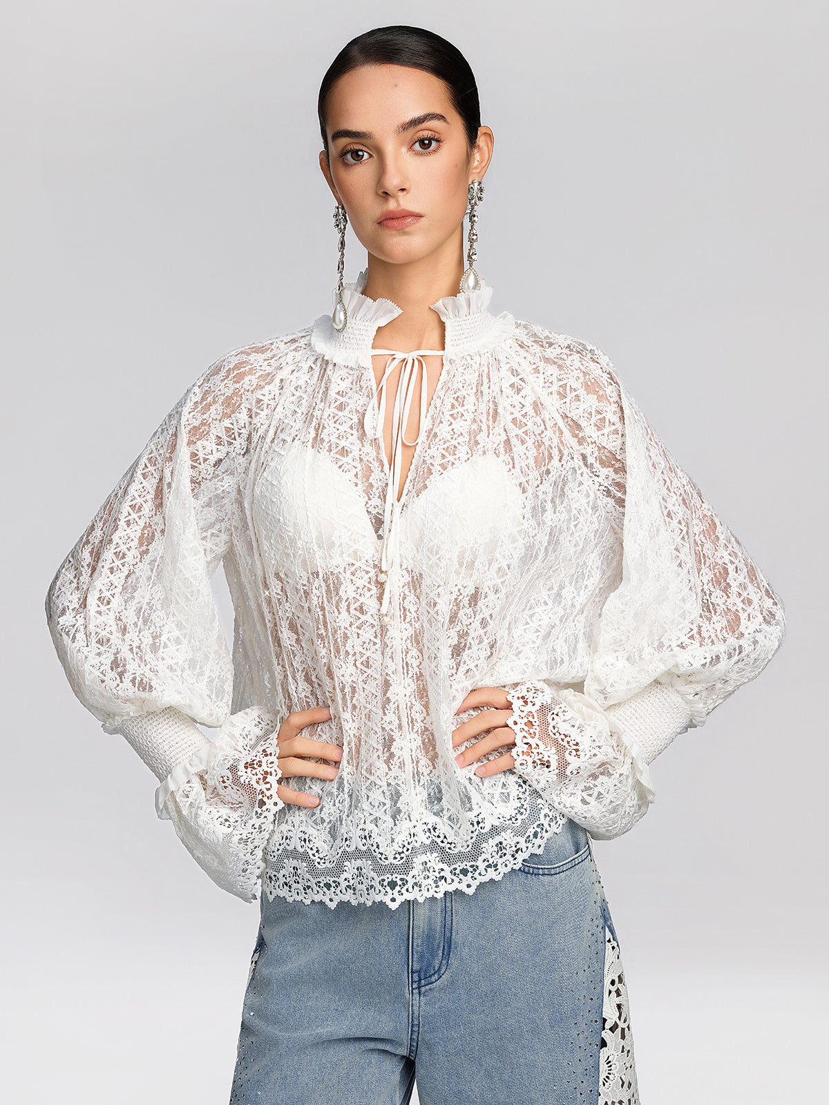 Eyelet Lace Ruffle High-Neck Blouse