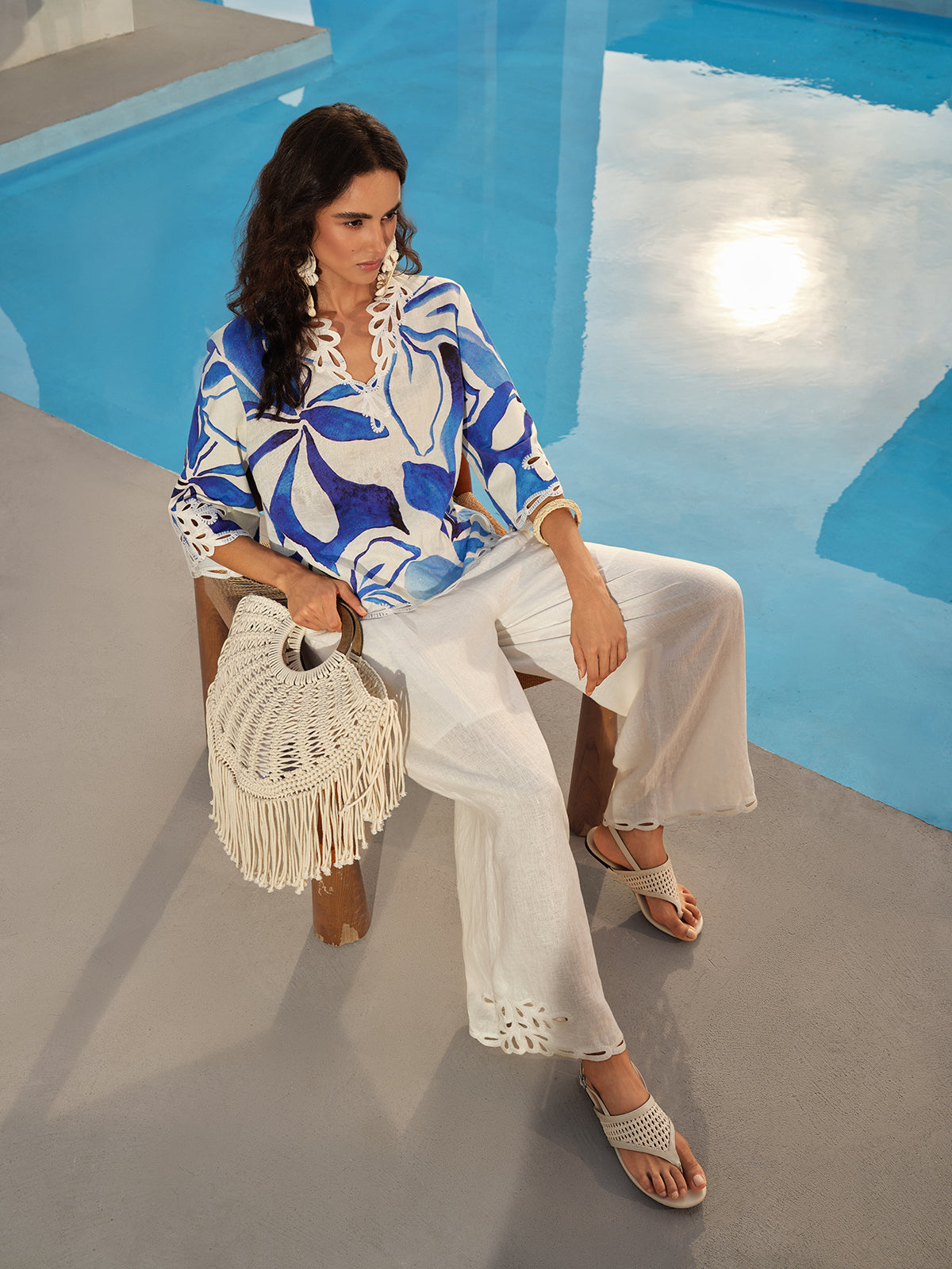 Linen Cutout Embroidered Straight-Leg Pants