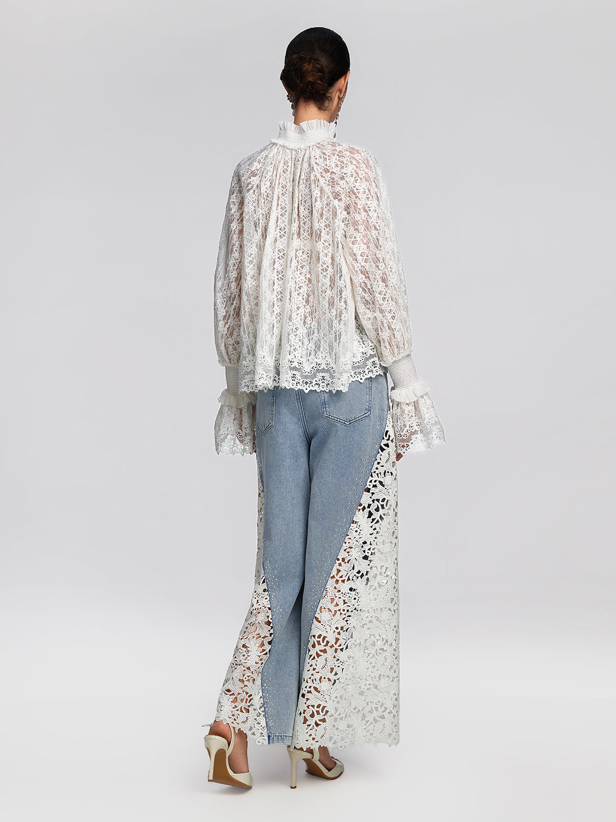 Eyelet Lace Ruffle High-Neck Blouse