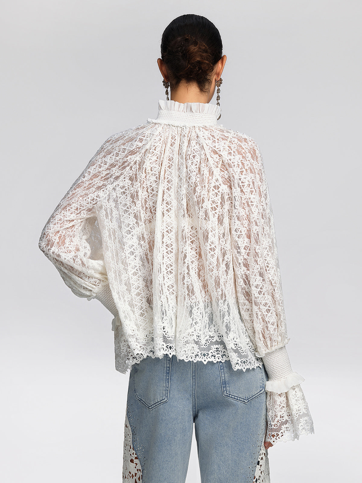 Eyelet Lace Ruffle High-Neck Blouse