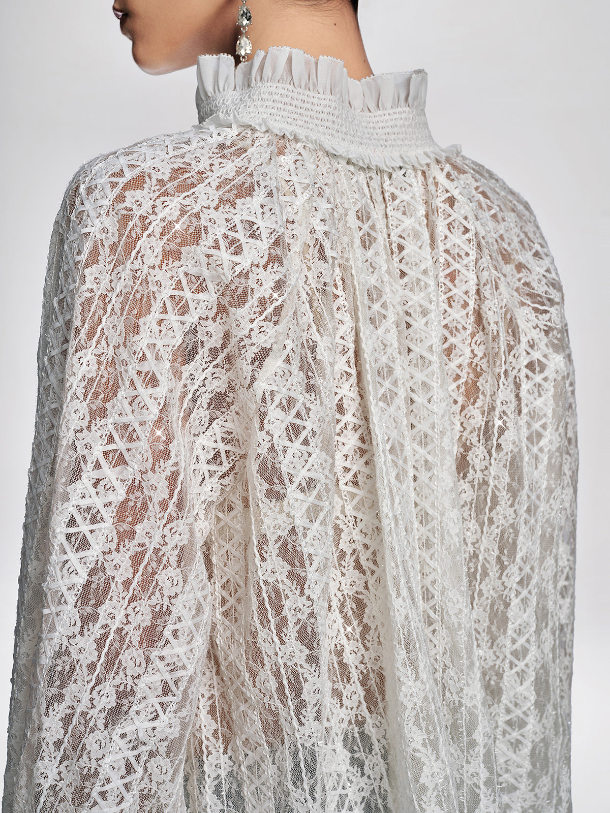 Eyelet Lace Ruffle High-Neck Blouse