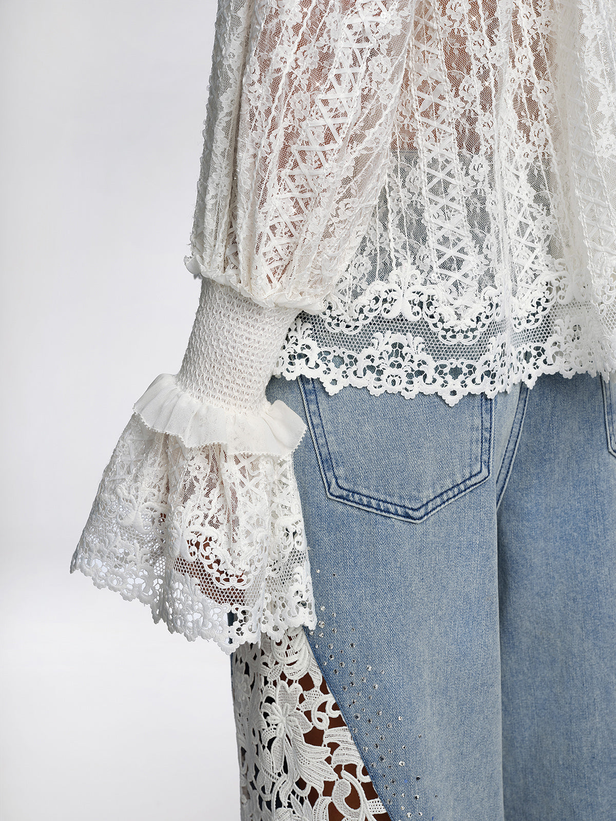 Eyelet Lace Ruffle High-Neck Blouse