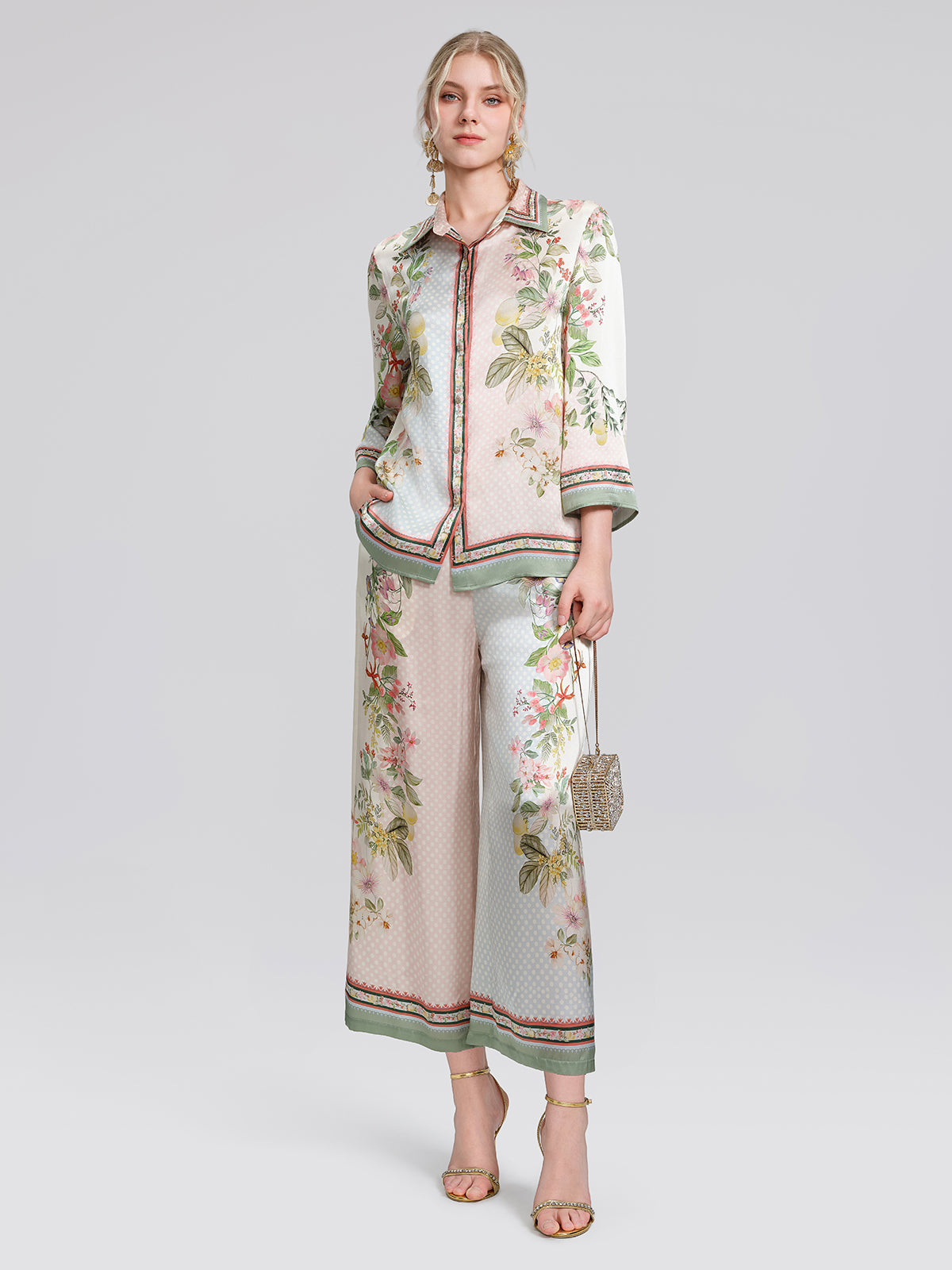 100% Silk Vintage Print Elastic Waist Cropped Wide-Leg Pants
