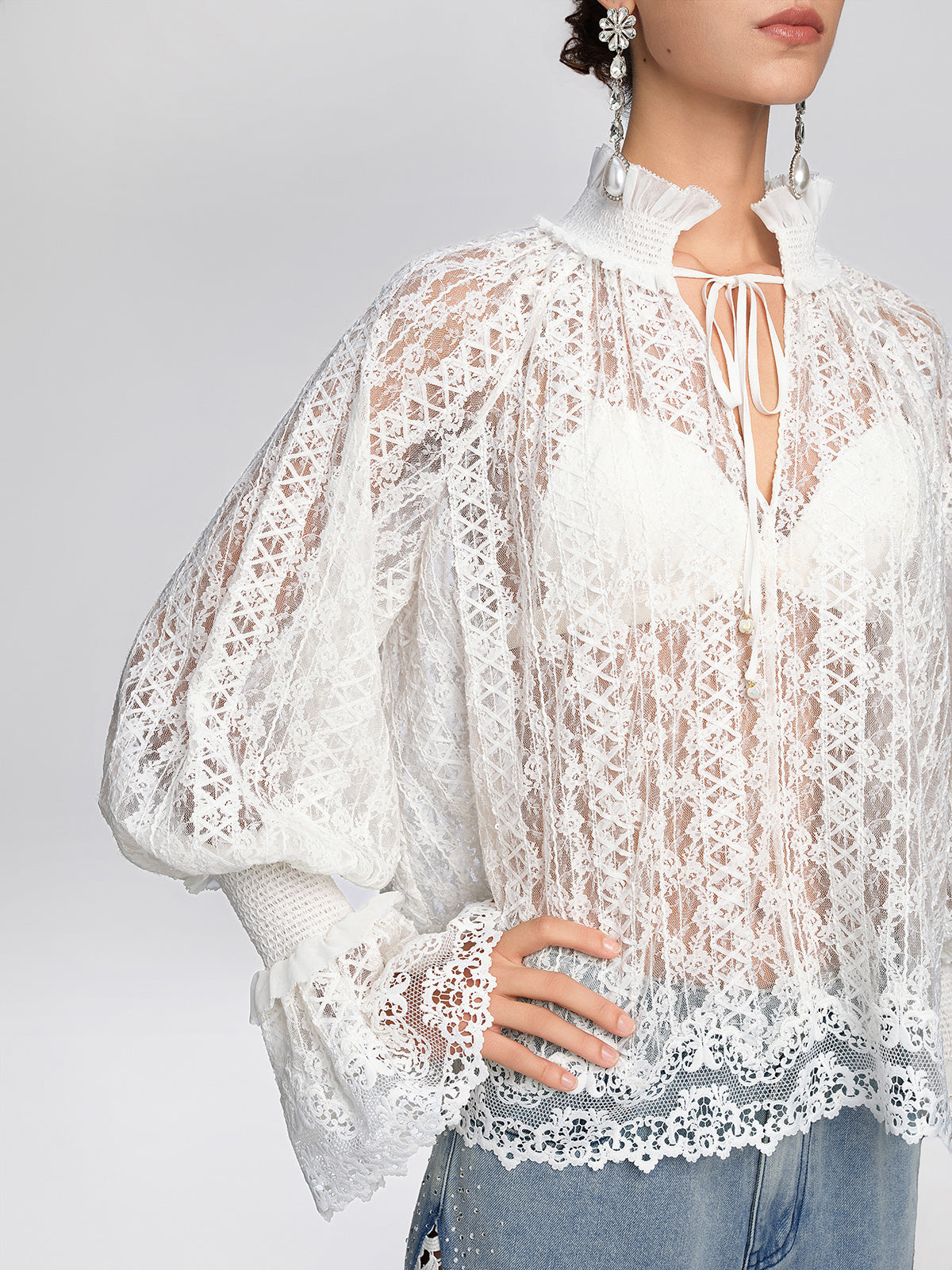 Eyelet Lace Ruffle High-Neck Blouse