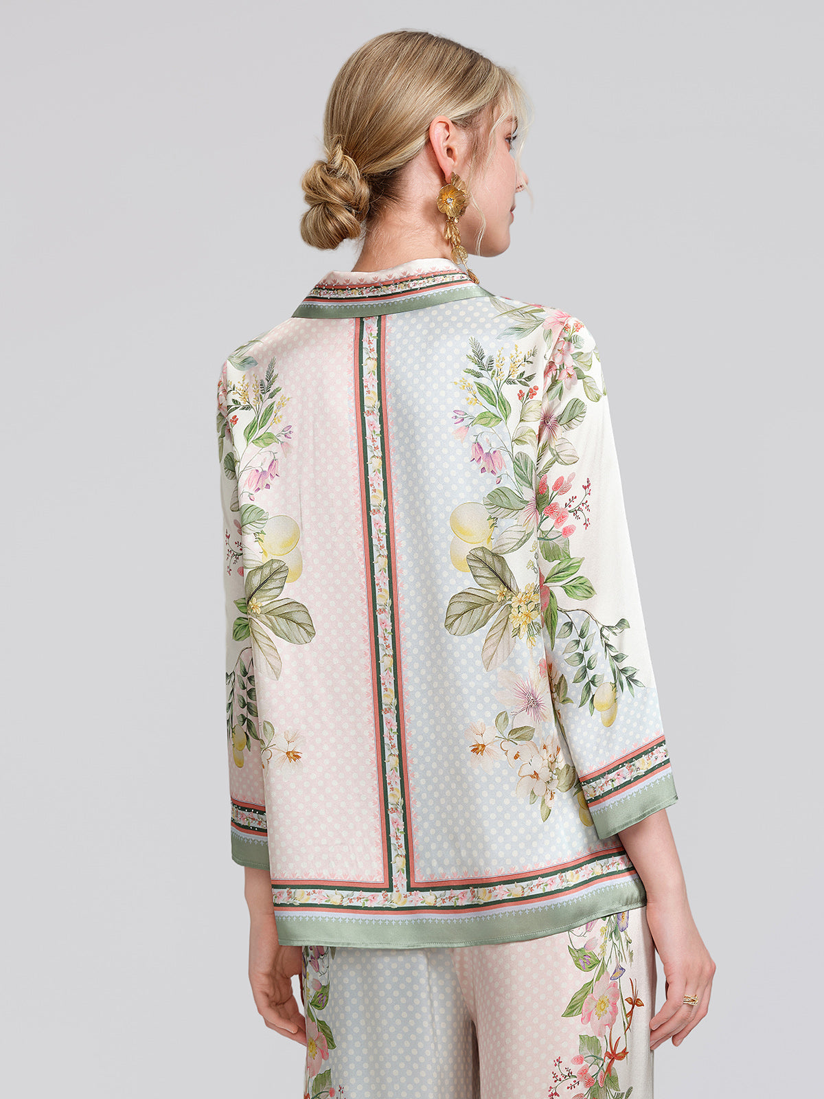 100% Silk Vintage Print Three-Quarter Sleeve Shirt